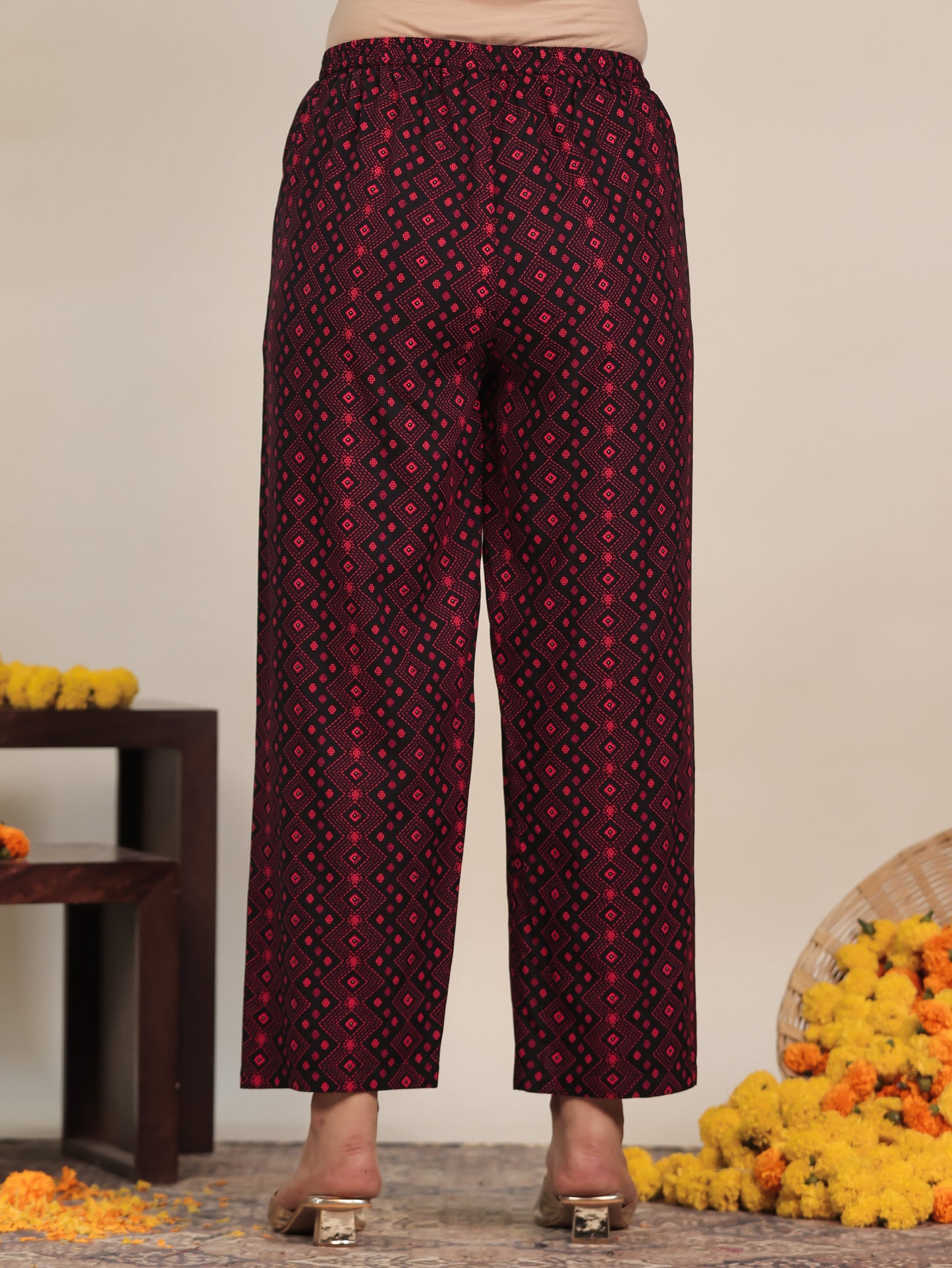 Viscose Geometric Black Straight Trousers
