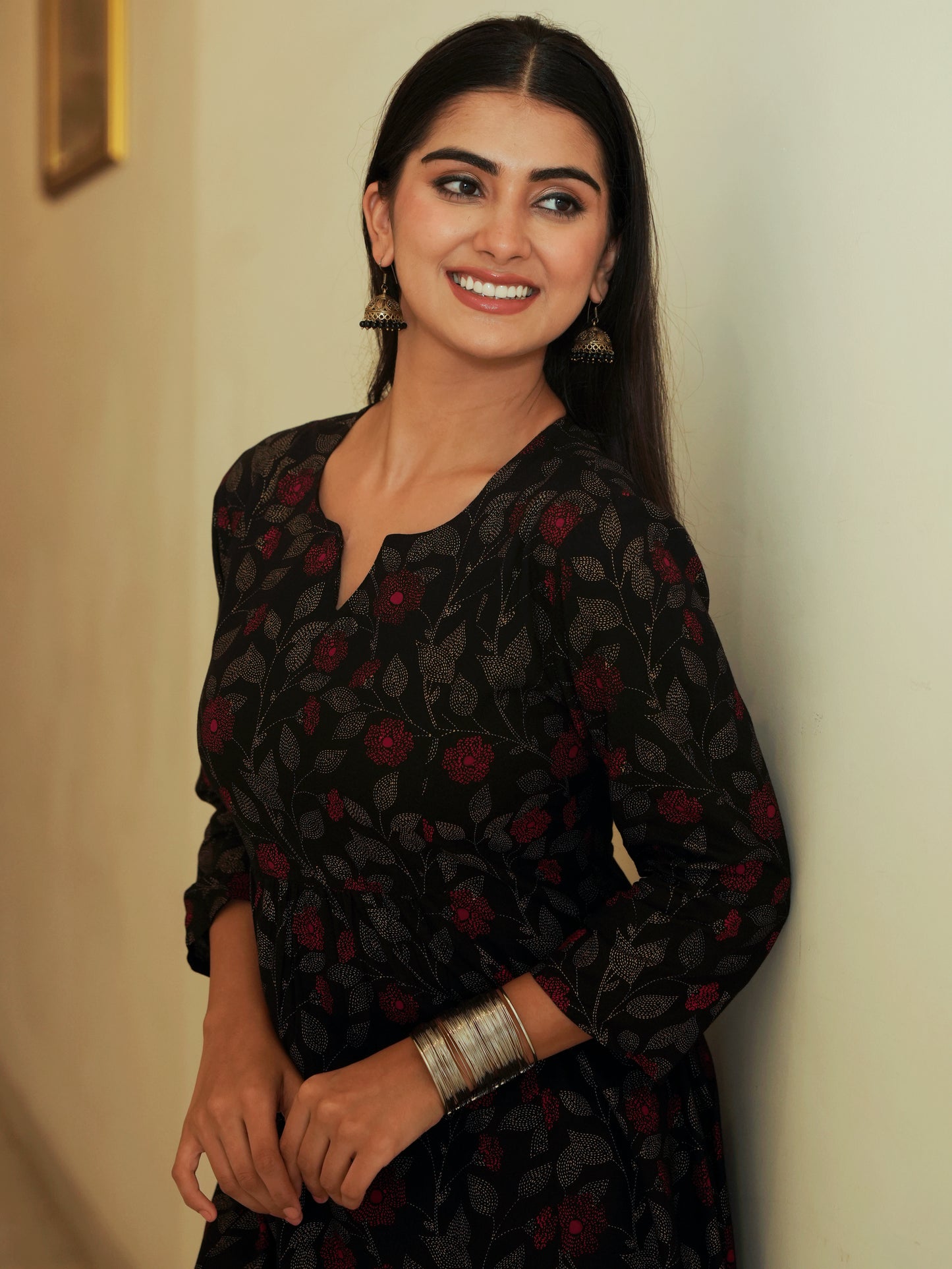 Viscose Floral Flared Black Kurta