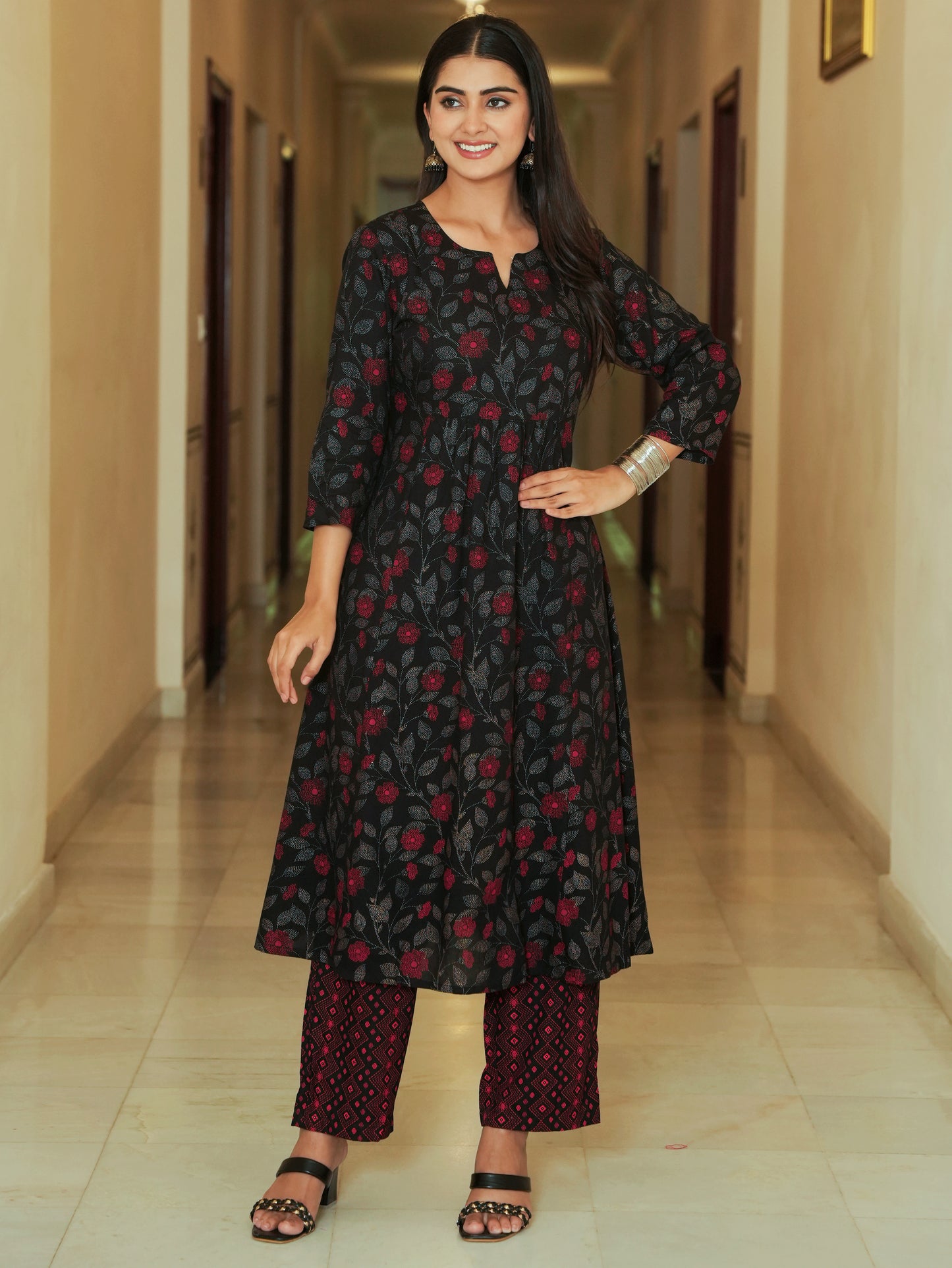 Viscose Floral Flared Black Kurta