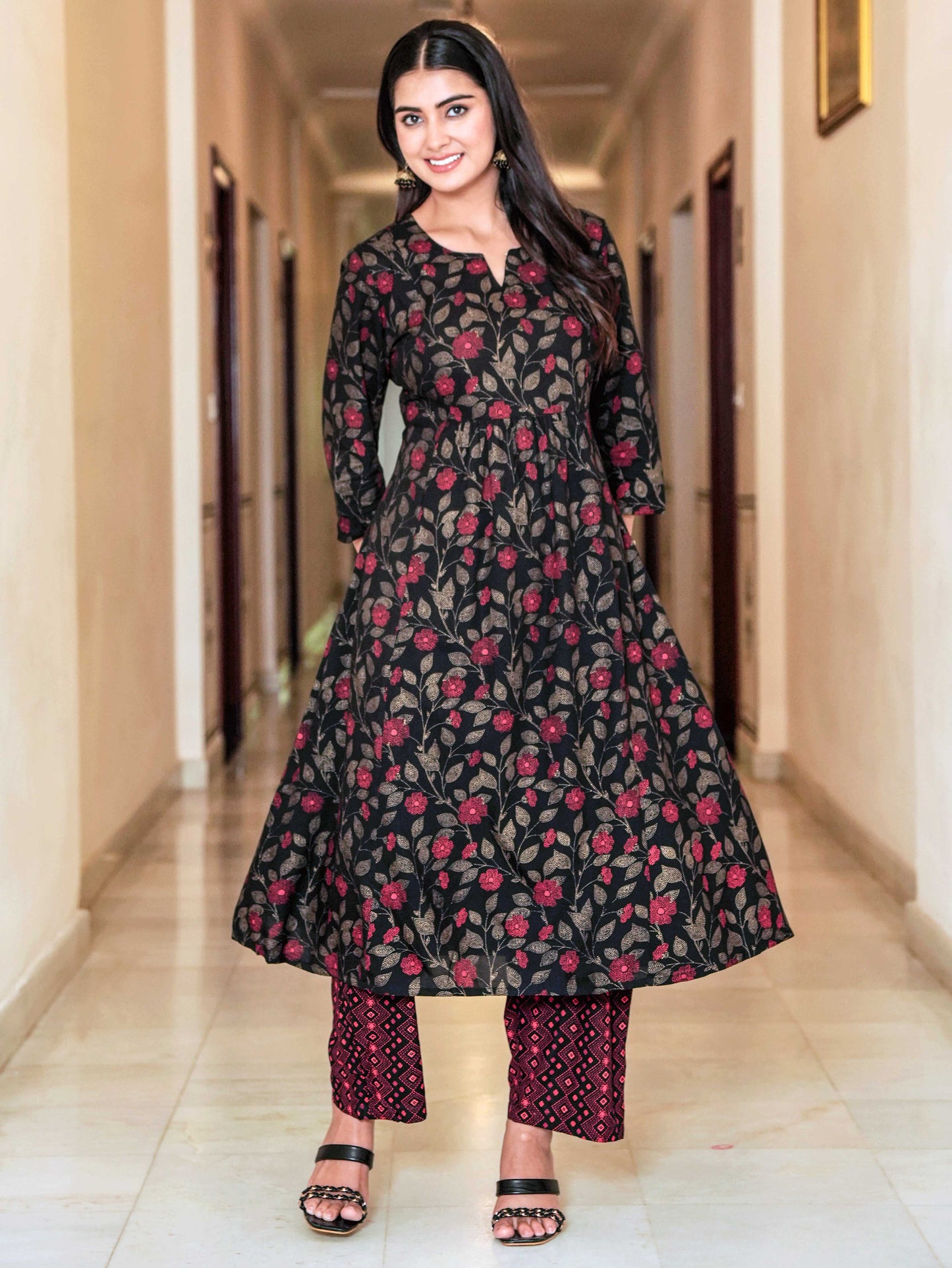Viscose Floral Flared Black Kurta