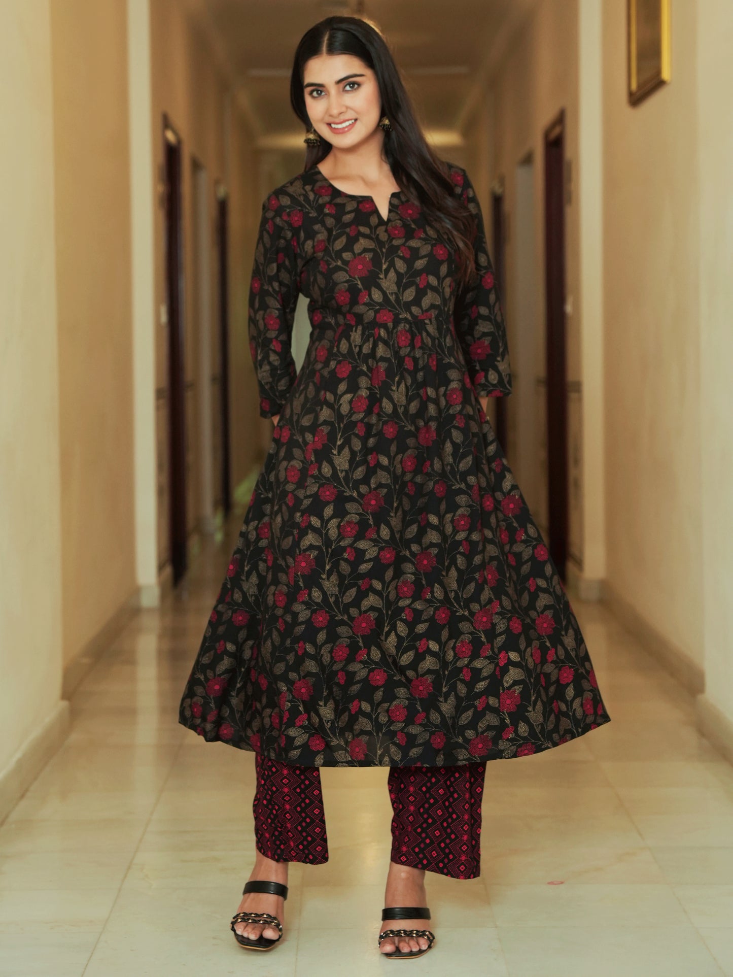 Viscose Floral Flared Black Kurta