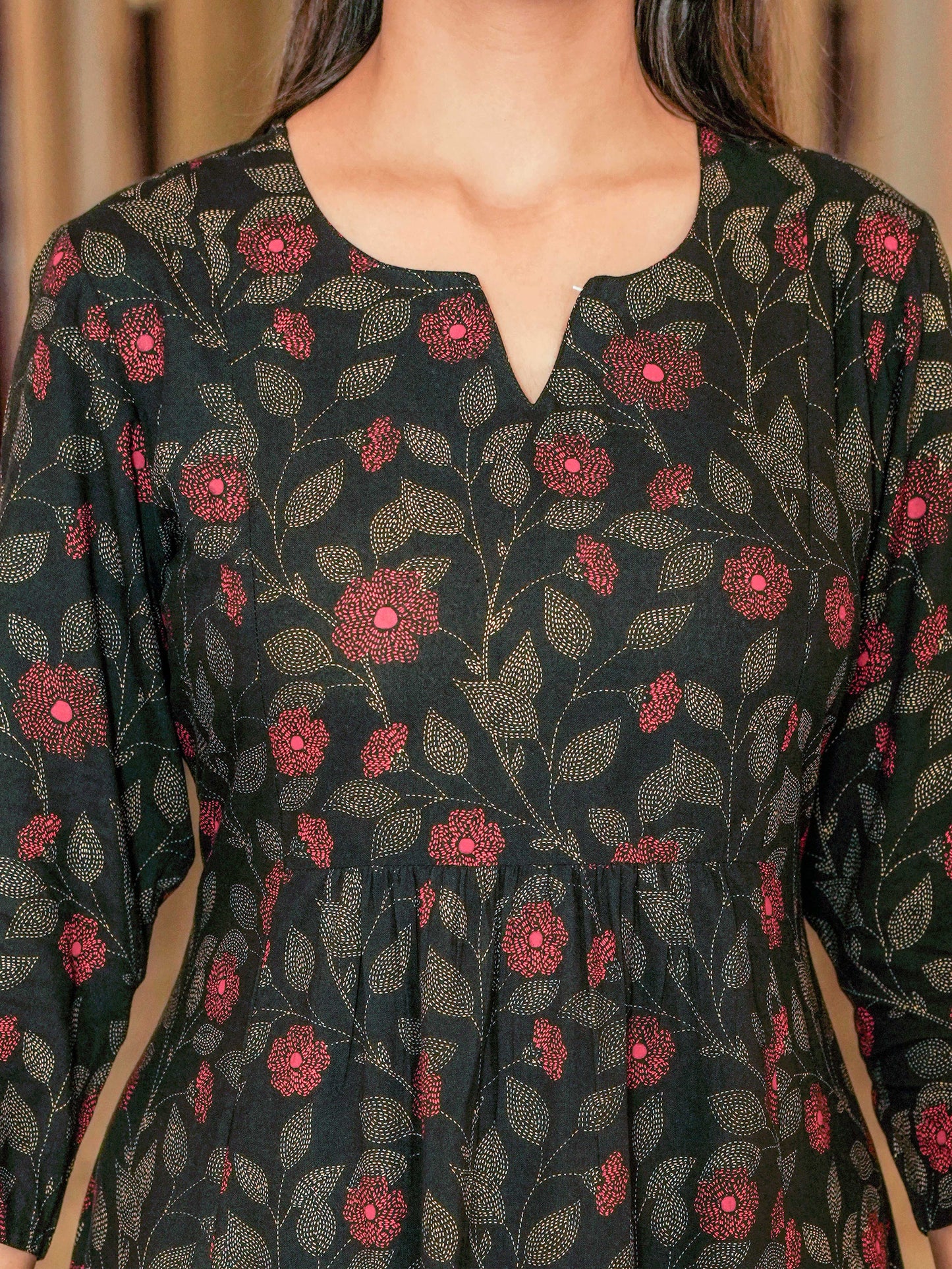 Viscose Floral Flared Black Kurta