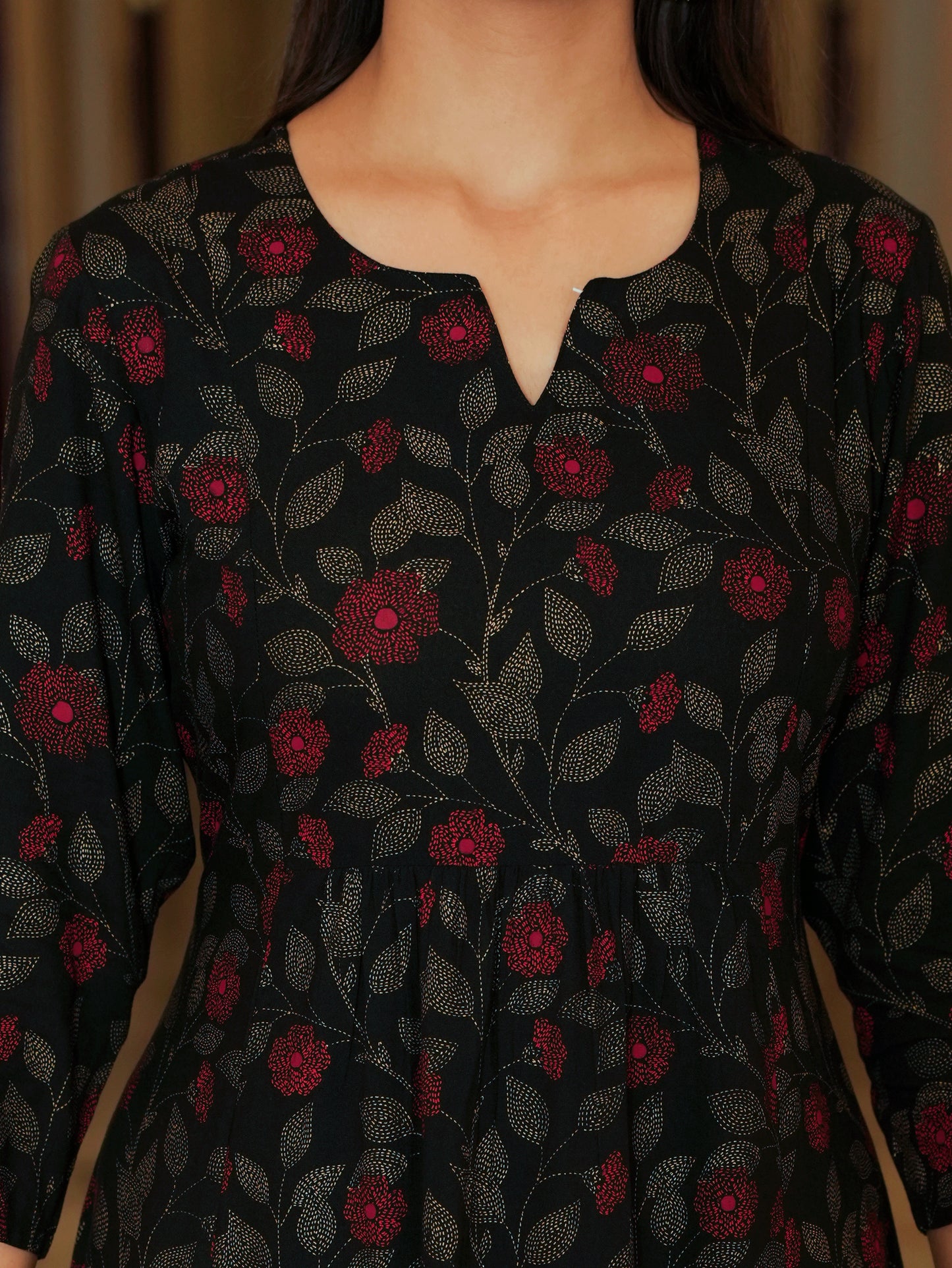 Viscose Floral Flared Black Kurta