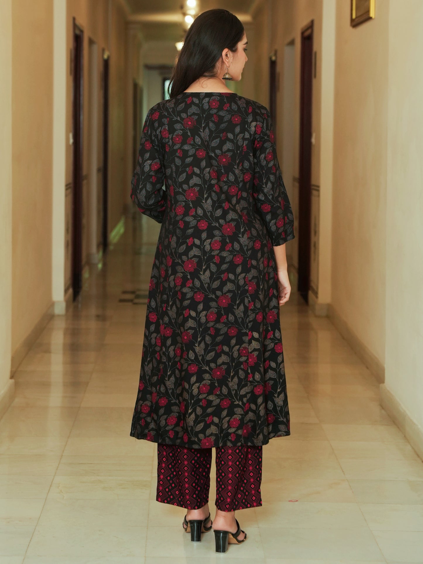 Viscose Floral Flared Black Kurta
