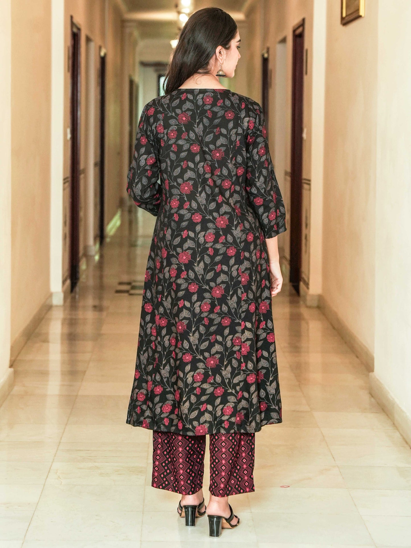 Viscose Floral Flared Black Kurta