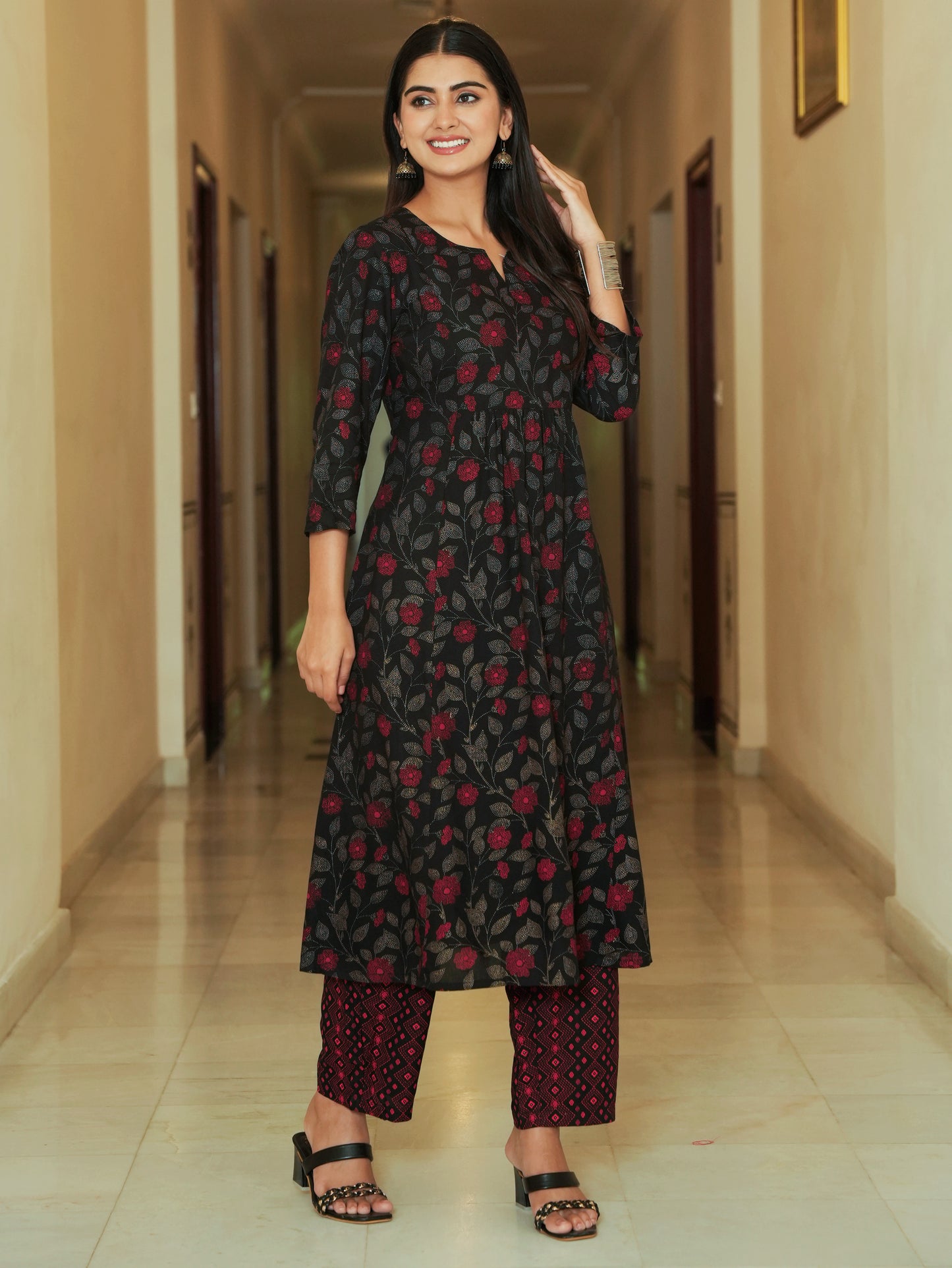 Viscose Floral Flared Black Kurta