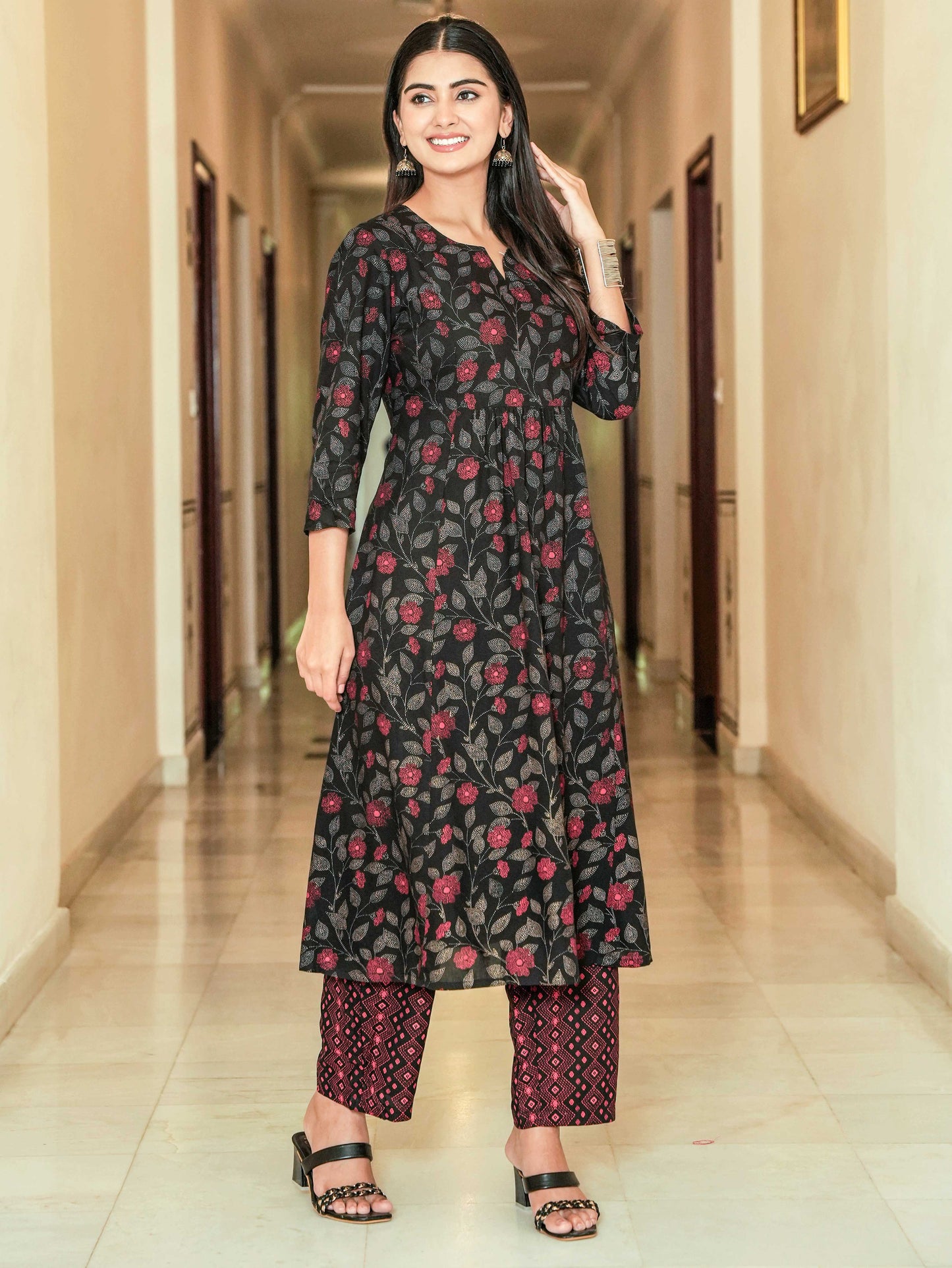 Viscose Floral Flared Black Kurta