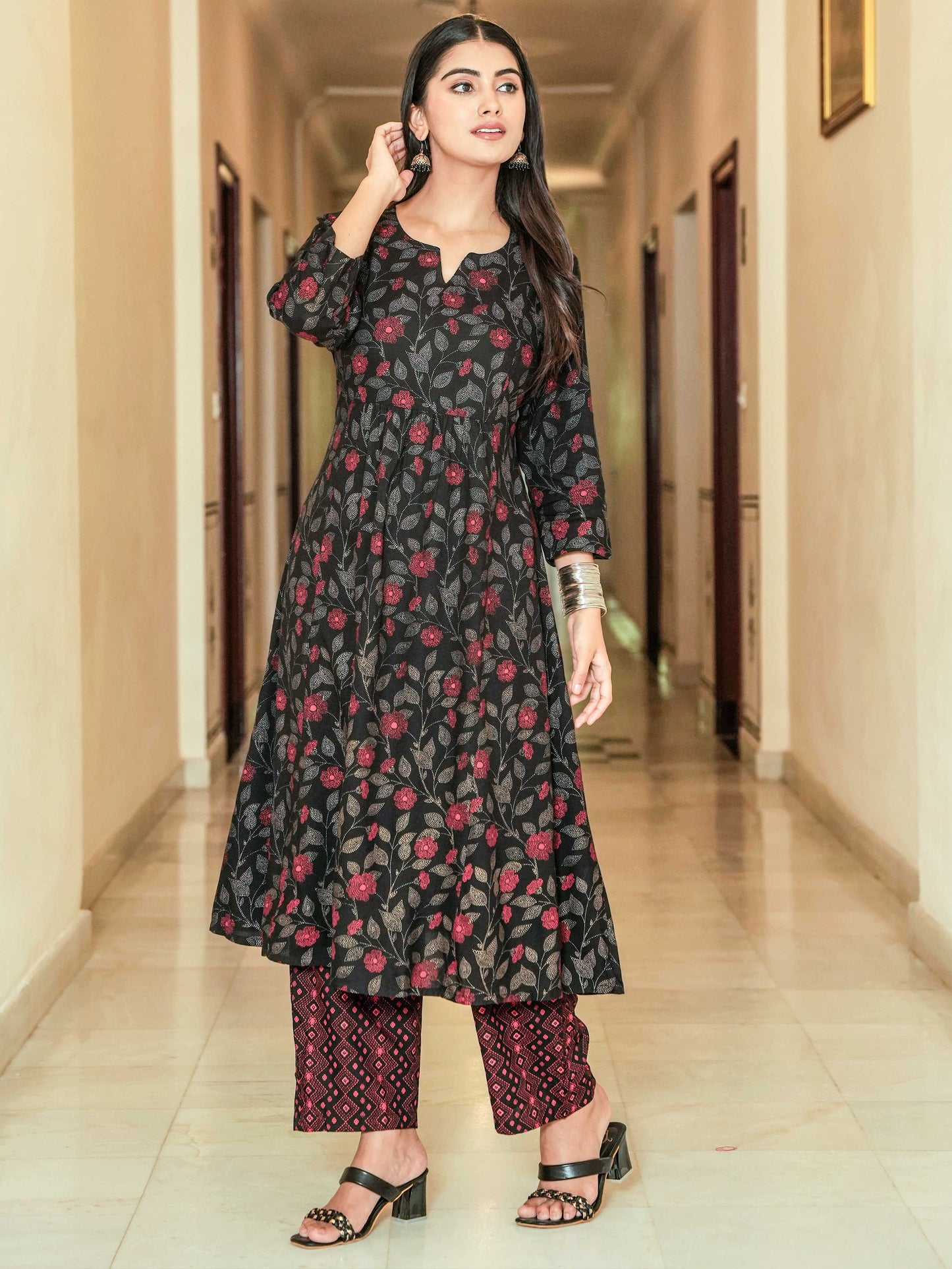 Viscose Floral Flared Black Kurta