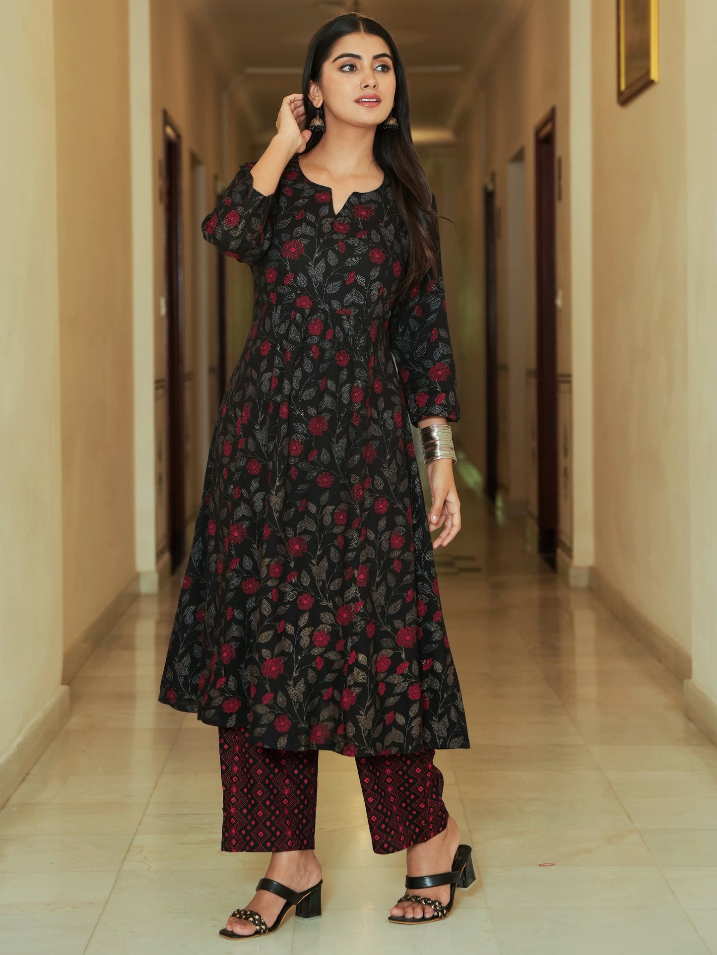 Viscose Floral Flared Black Kurta