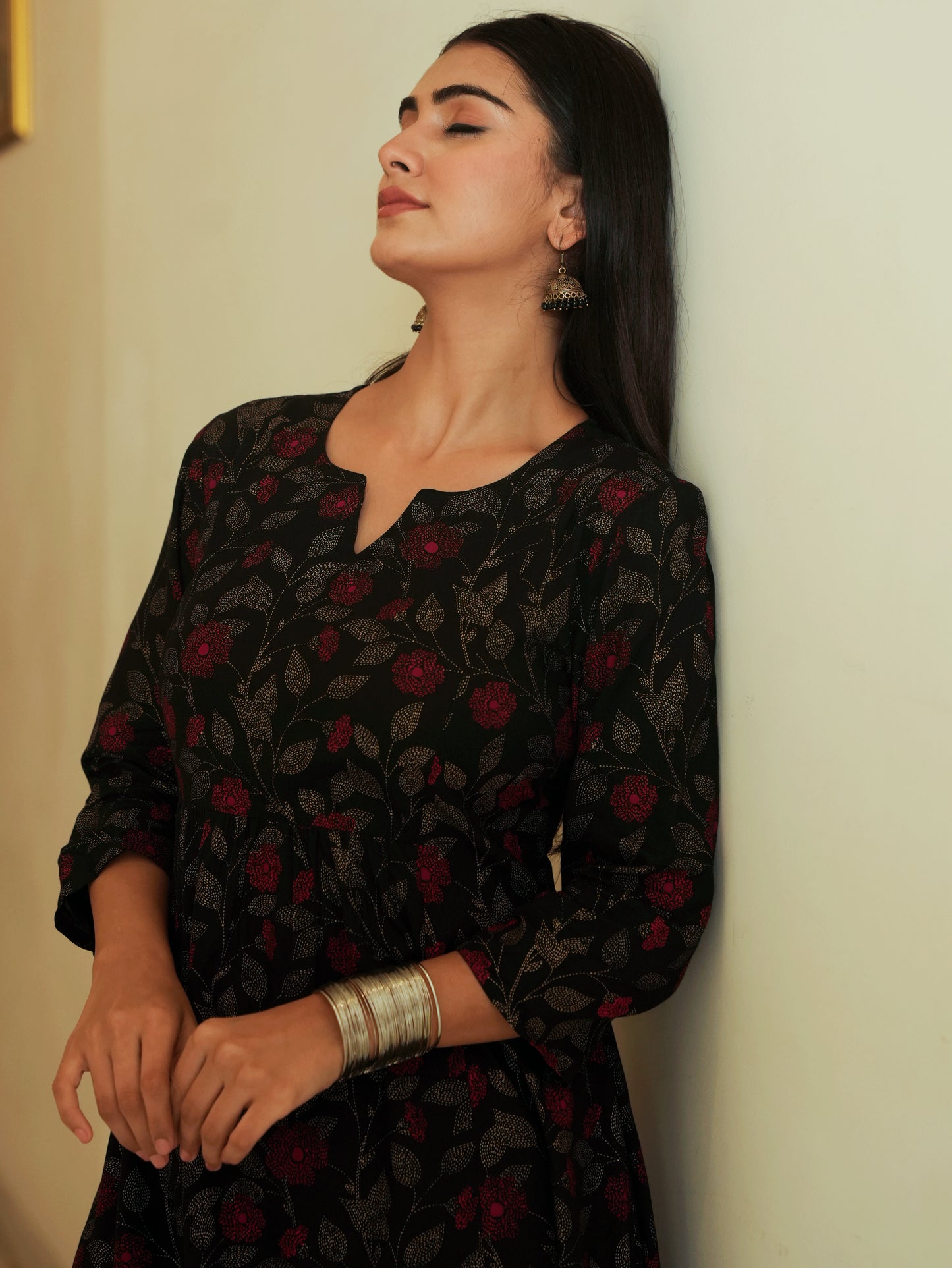 Viscose Floral Flared Black Kurta