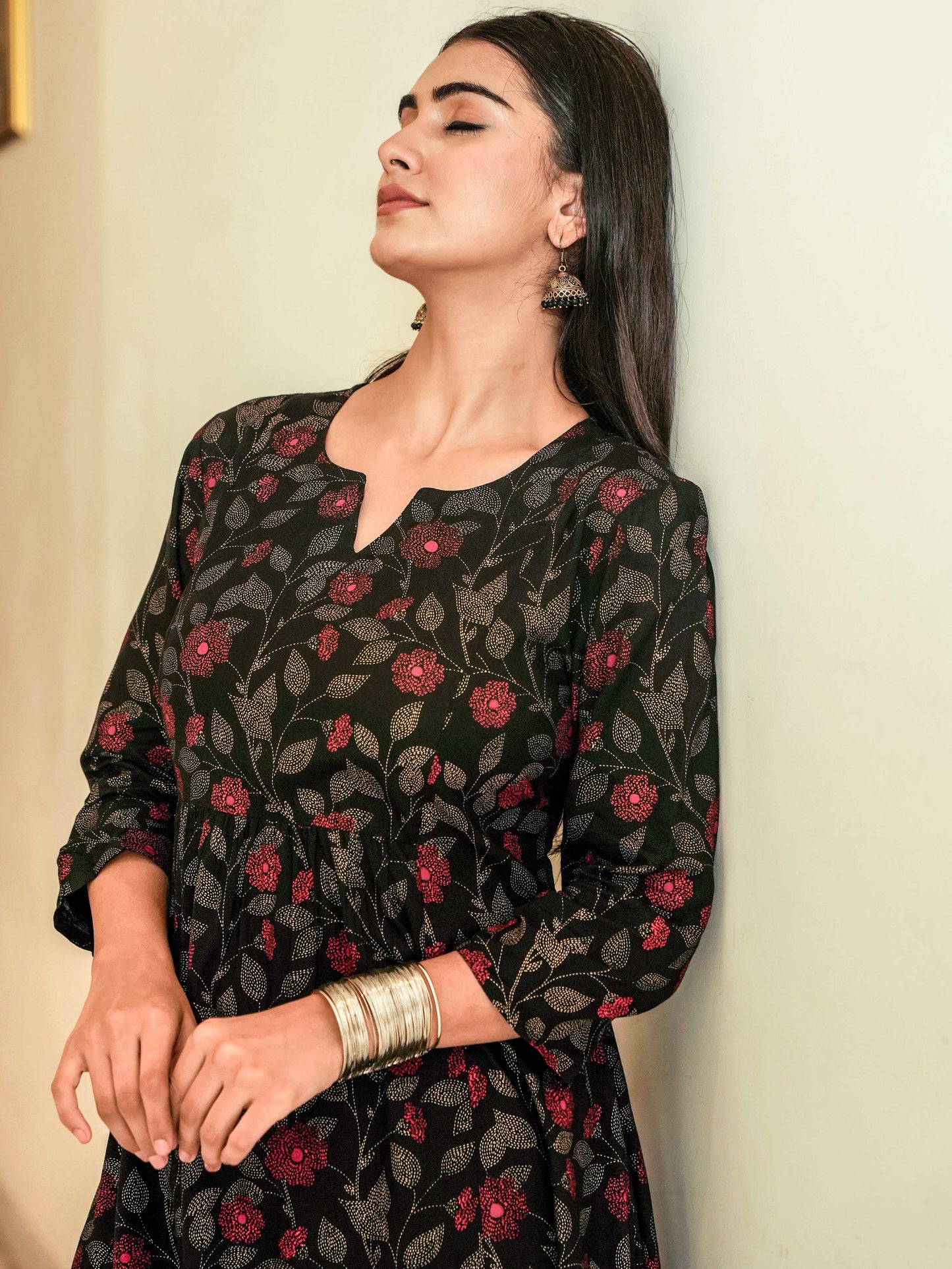 Viscose Floral Flared Black Kurta