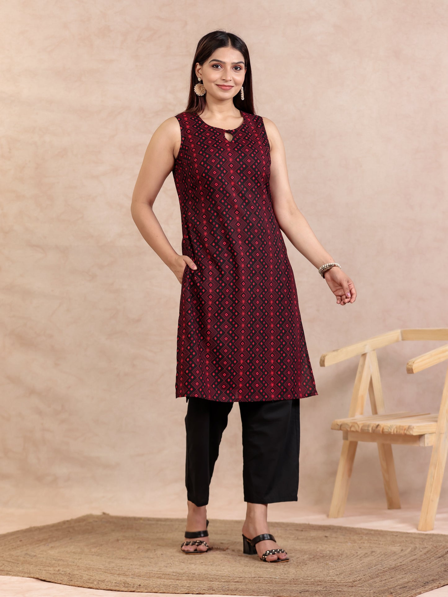 Viscose Geometric Straight Black Kurta