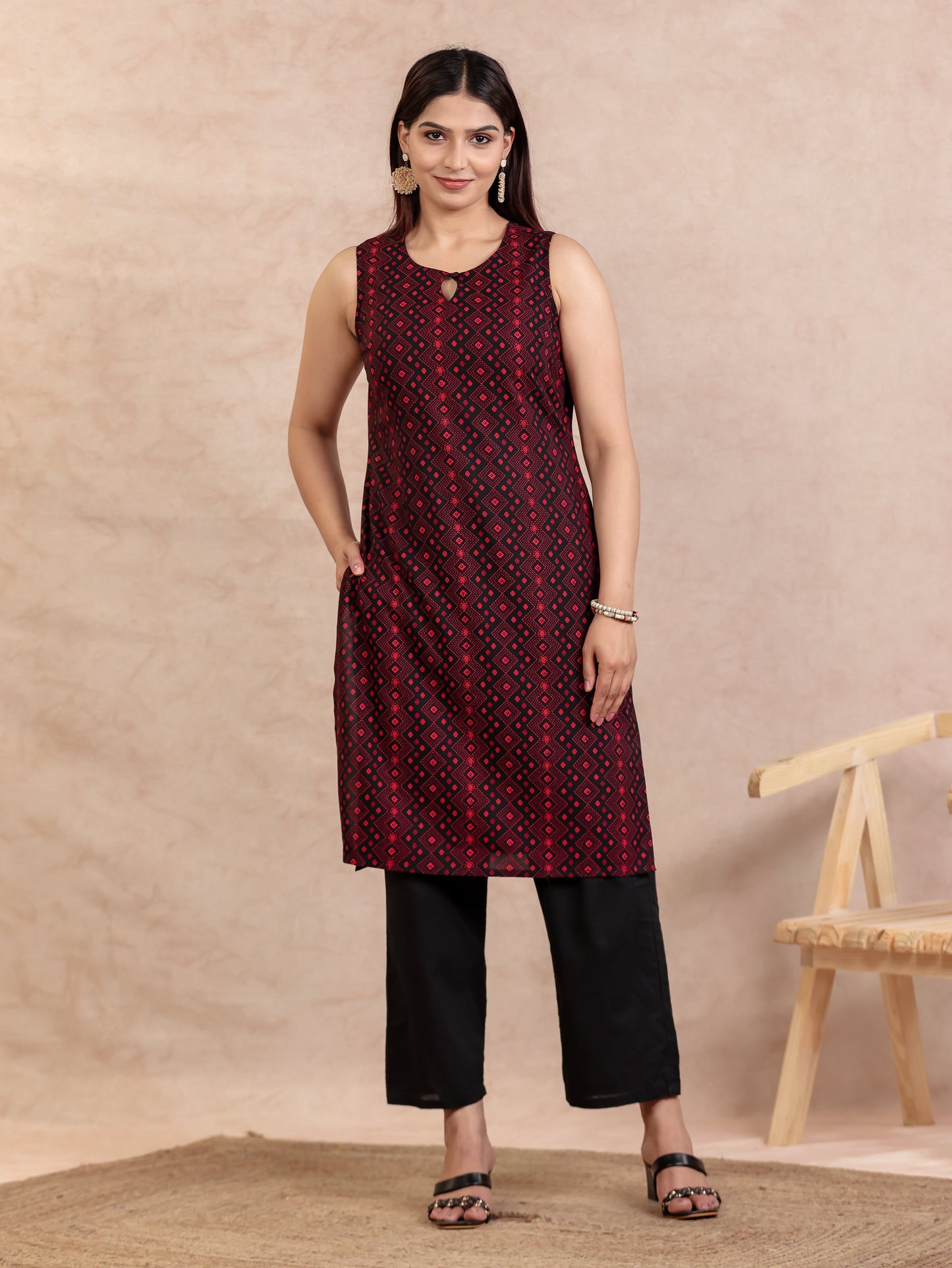 Viscose Geometric Straight Black Kurta