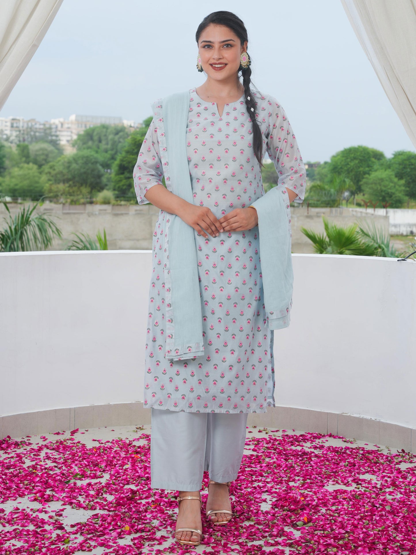 Chanderi Floral Straight Blue Kurta