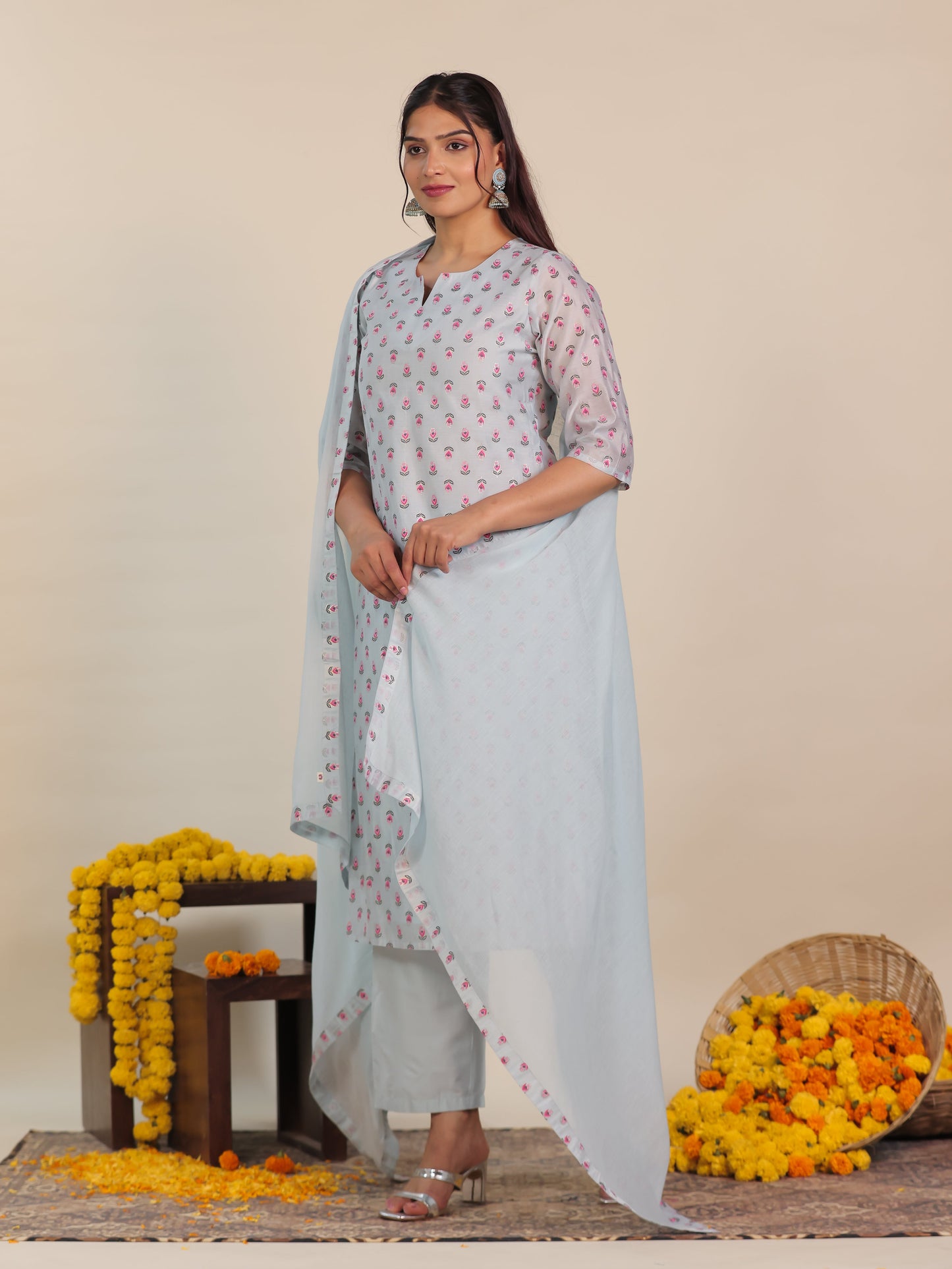 Chanderi Floral Straight Blue Kurta
