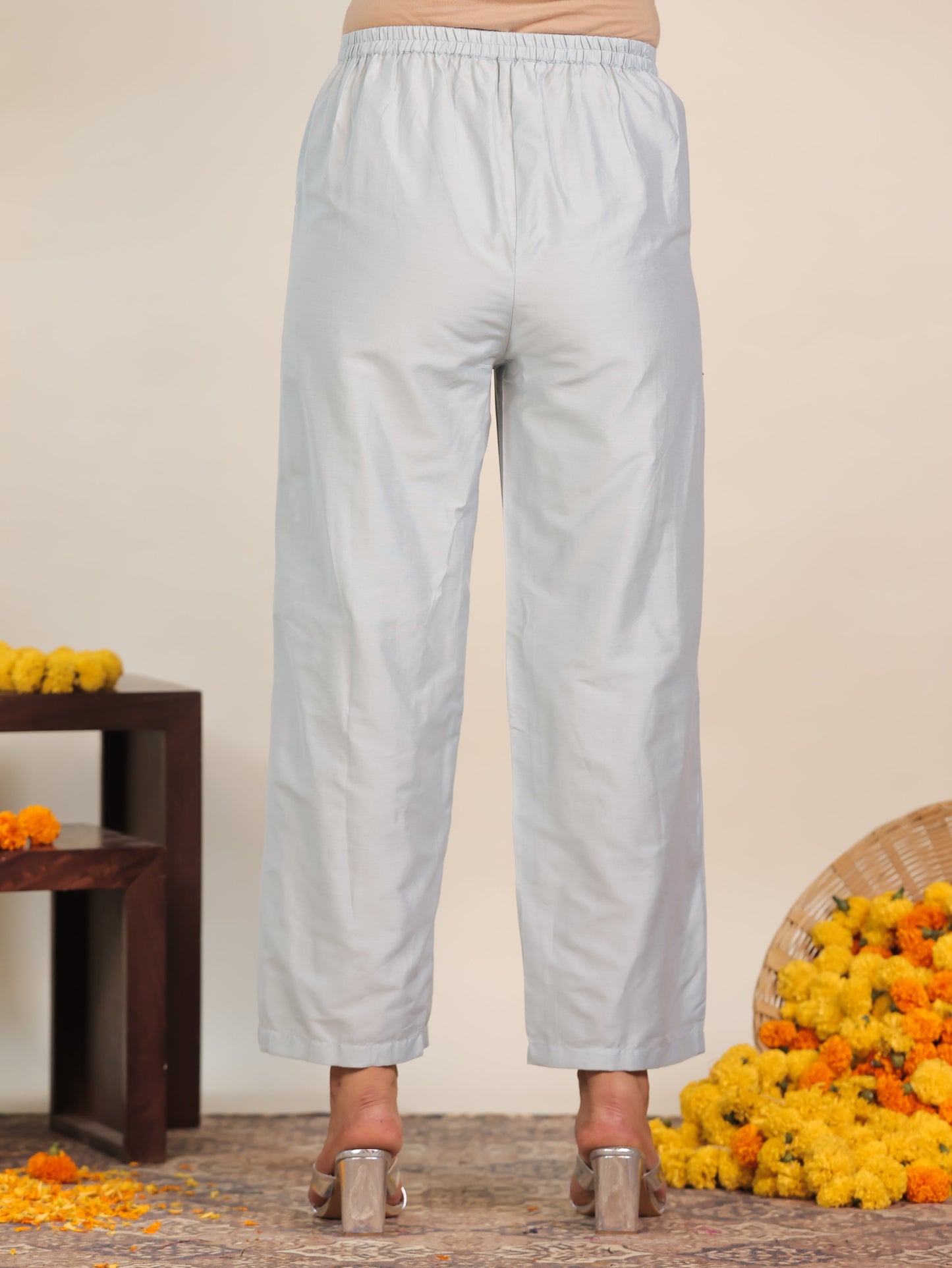 Chanderi Floral Straight Blue Kurta