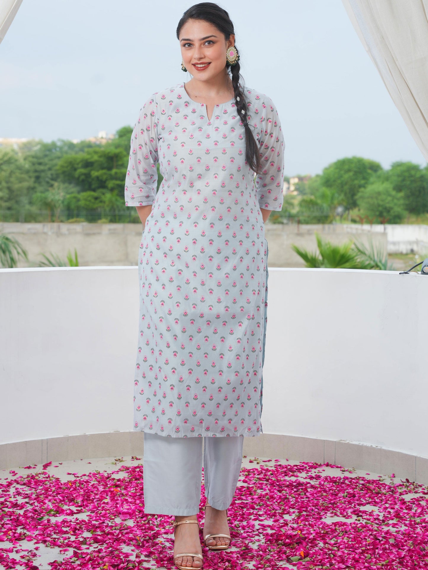 Chanderi Floral Straight Blue Kurta