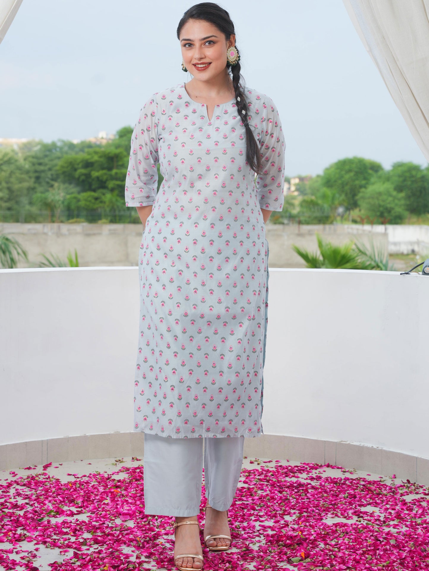 Chanderi Floral Straight Blue Kurta