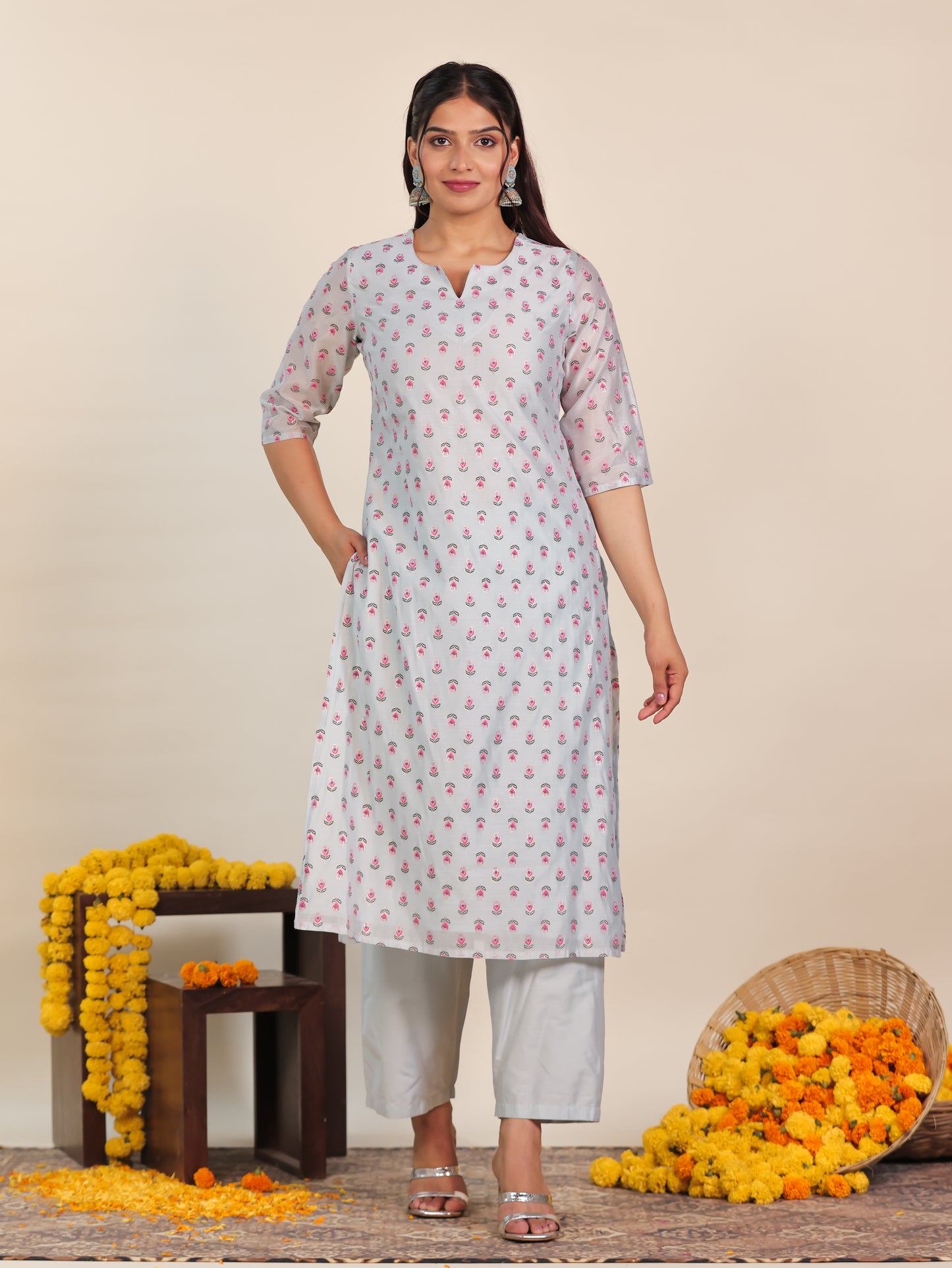 Chanderi Floral Straight Blue Kurta
