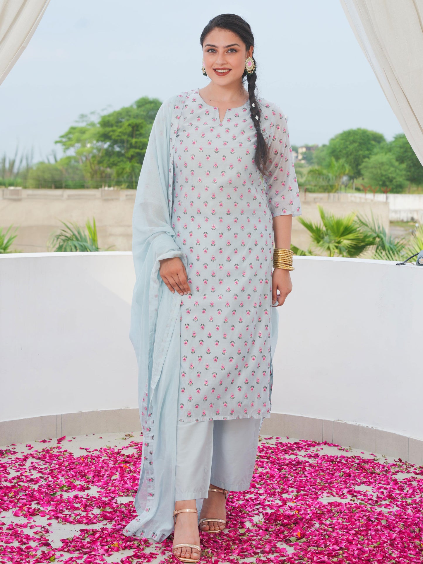 Chanderi Floral Straight Blue Kurta