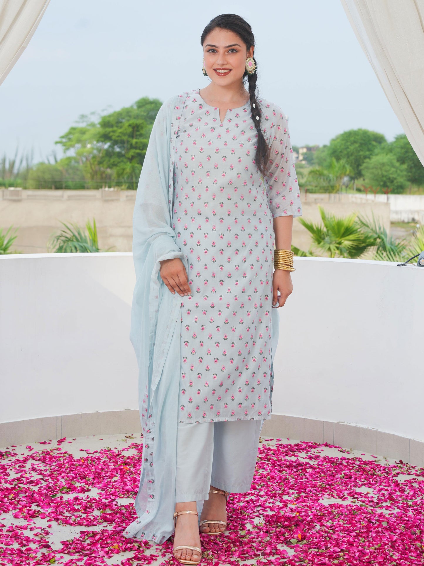 Chanderi Floral Straight Blue Kurta