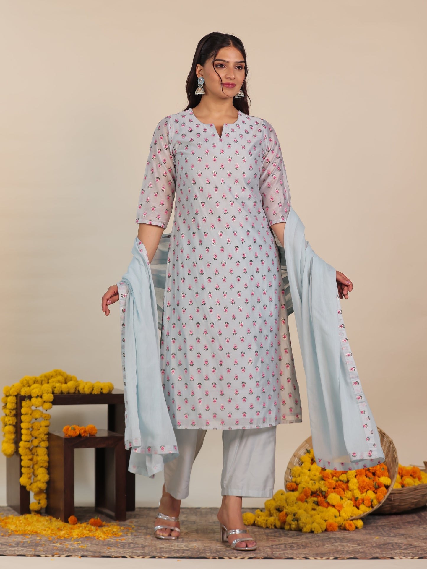 Chanderi Floral Straight Blue Kurta