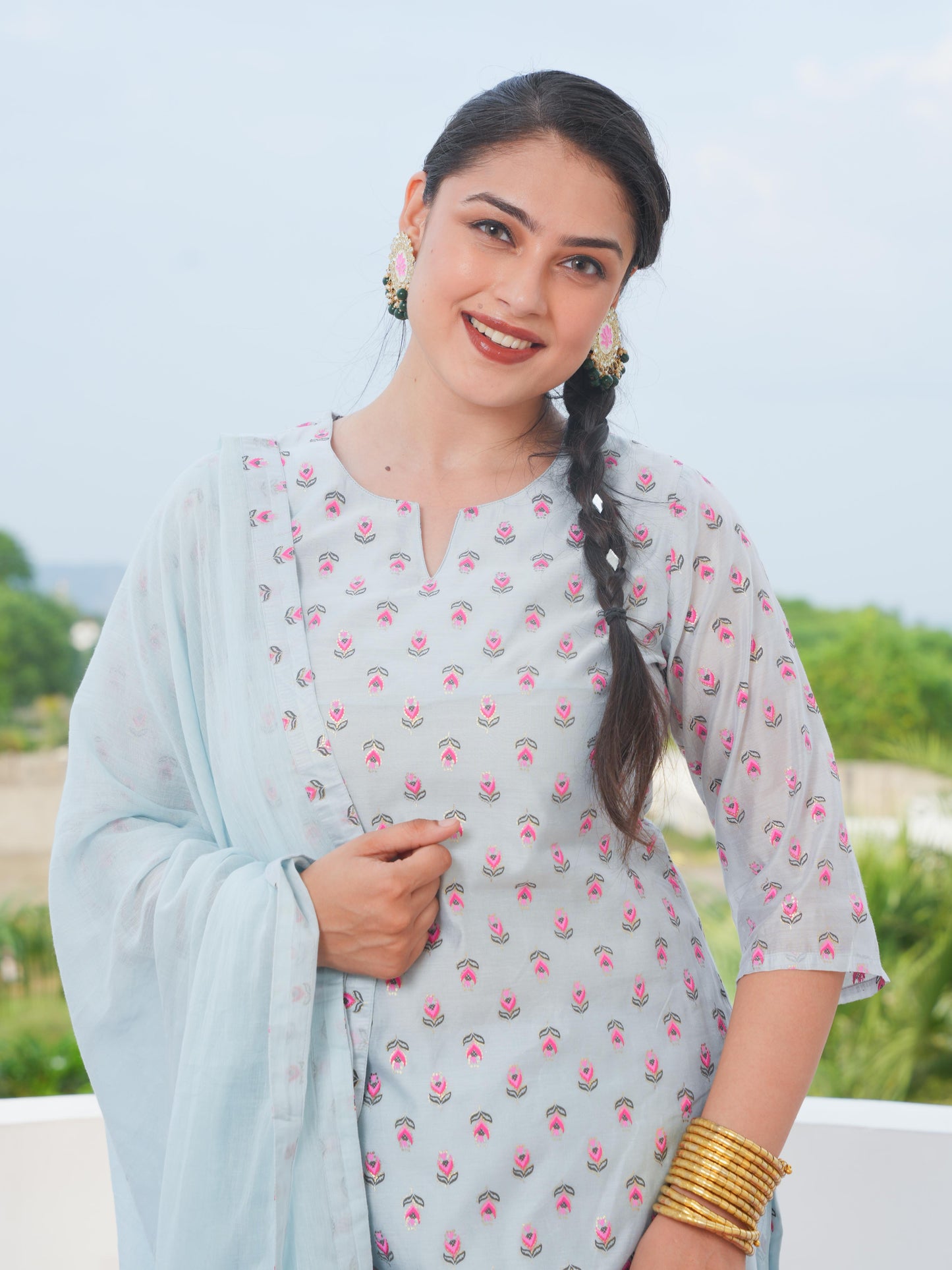 Chanderi Floral Straight Blue Kurta