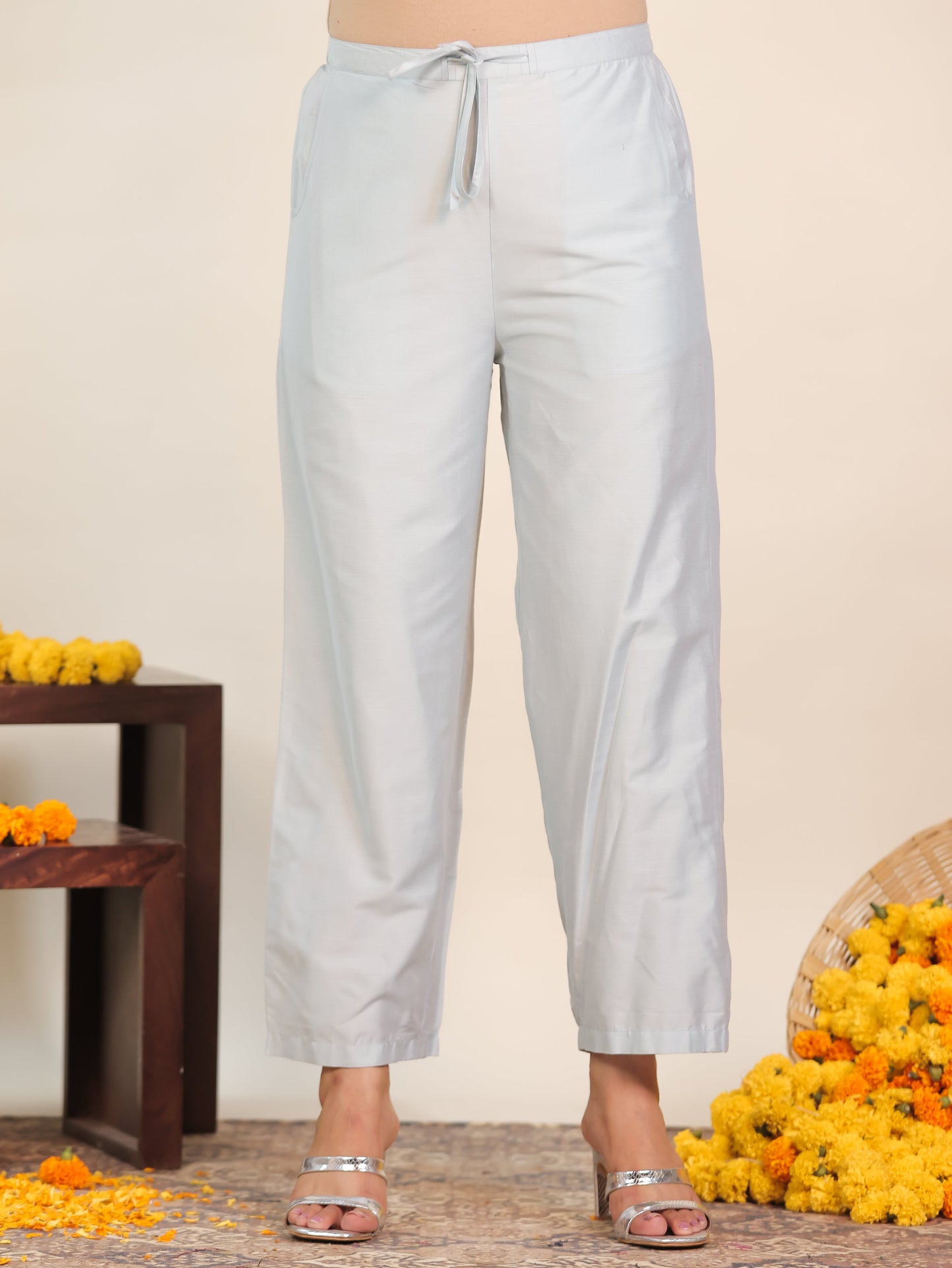 Chanderi Floral Straight Blue Kurta