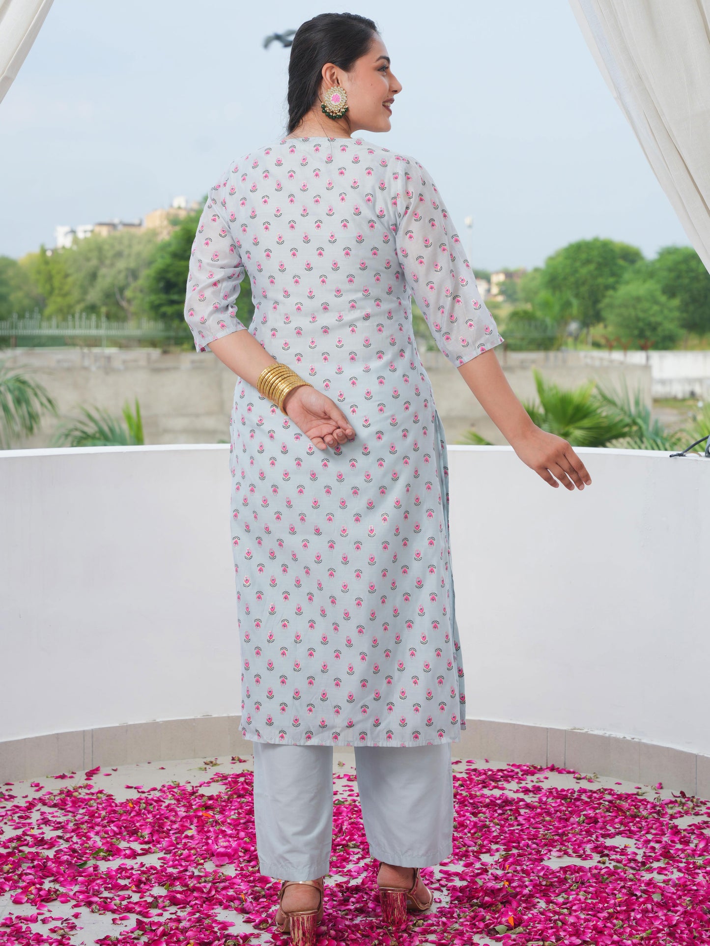 Chanderi Floral Straight Blue Kurta
