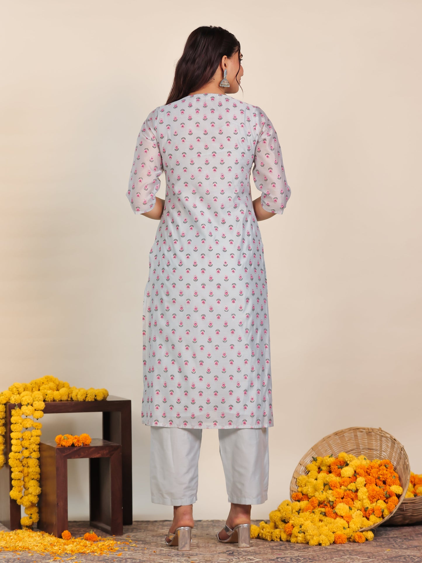 Chanderi Floral Straight Blue Kurta
