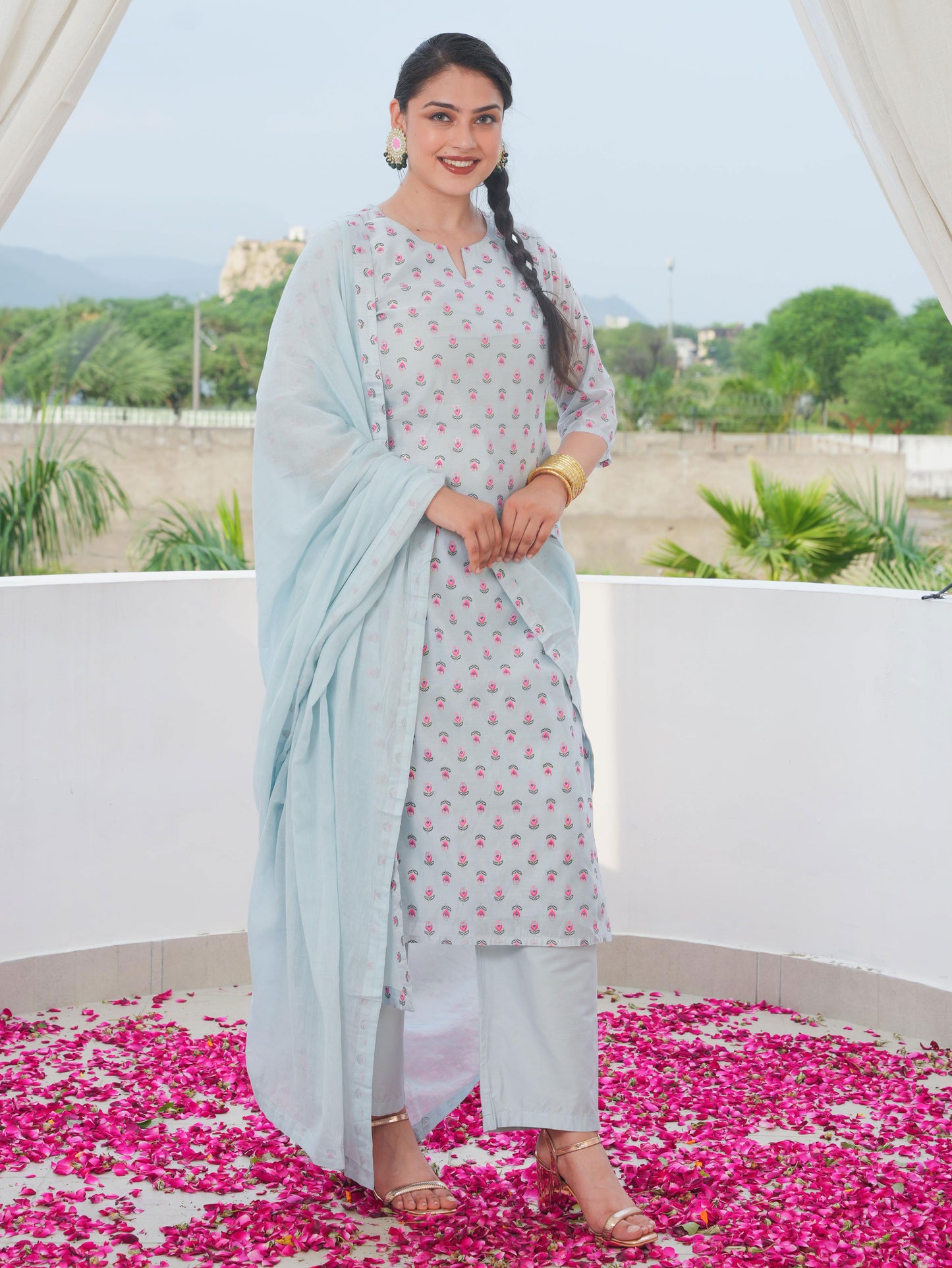 Chanderi Floral Straight Blue Kurta