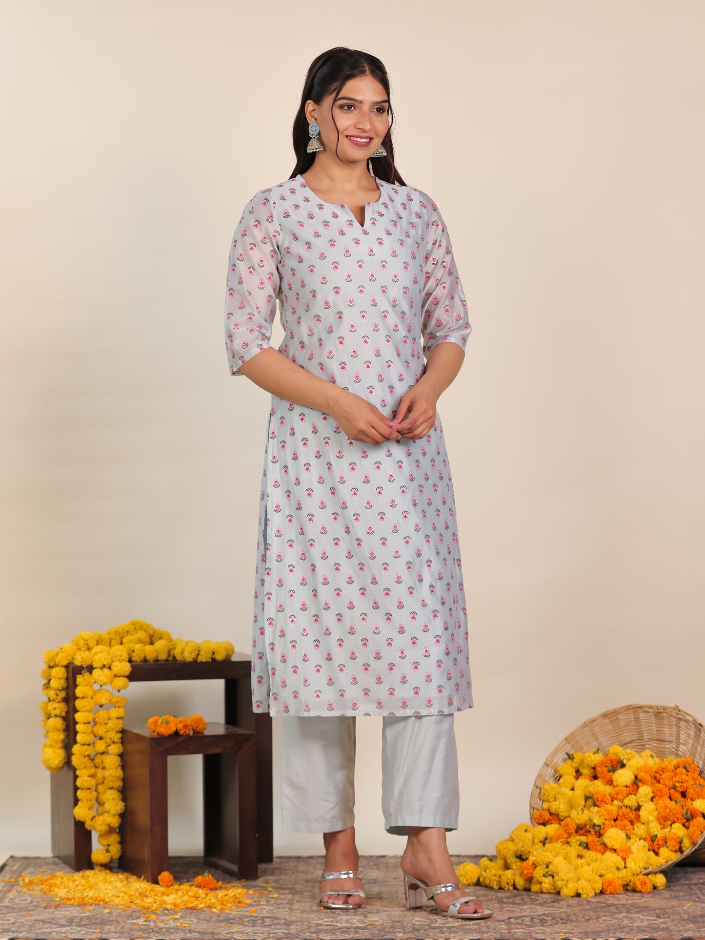 Chanderi Floral Straight Blue Kurta