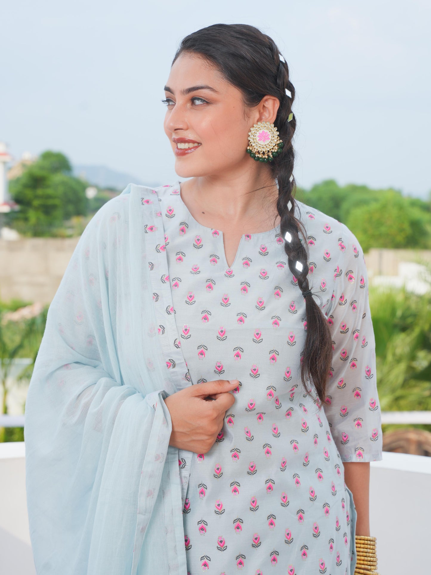 Chanderi Floral Straight Blue Kurta