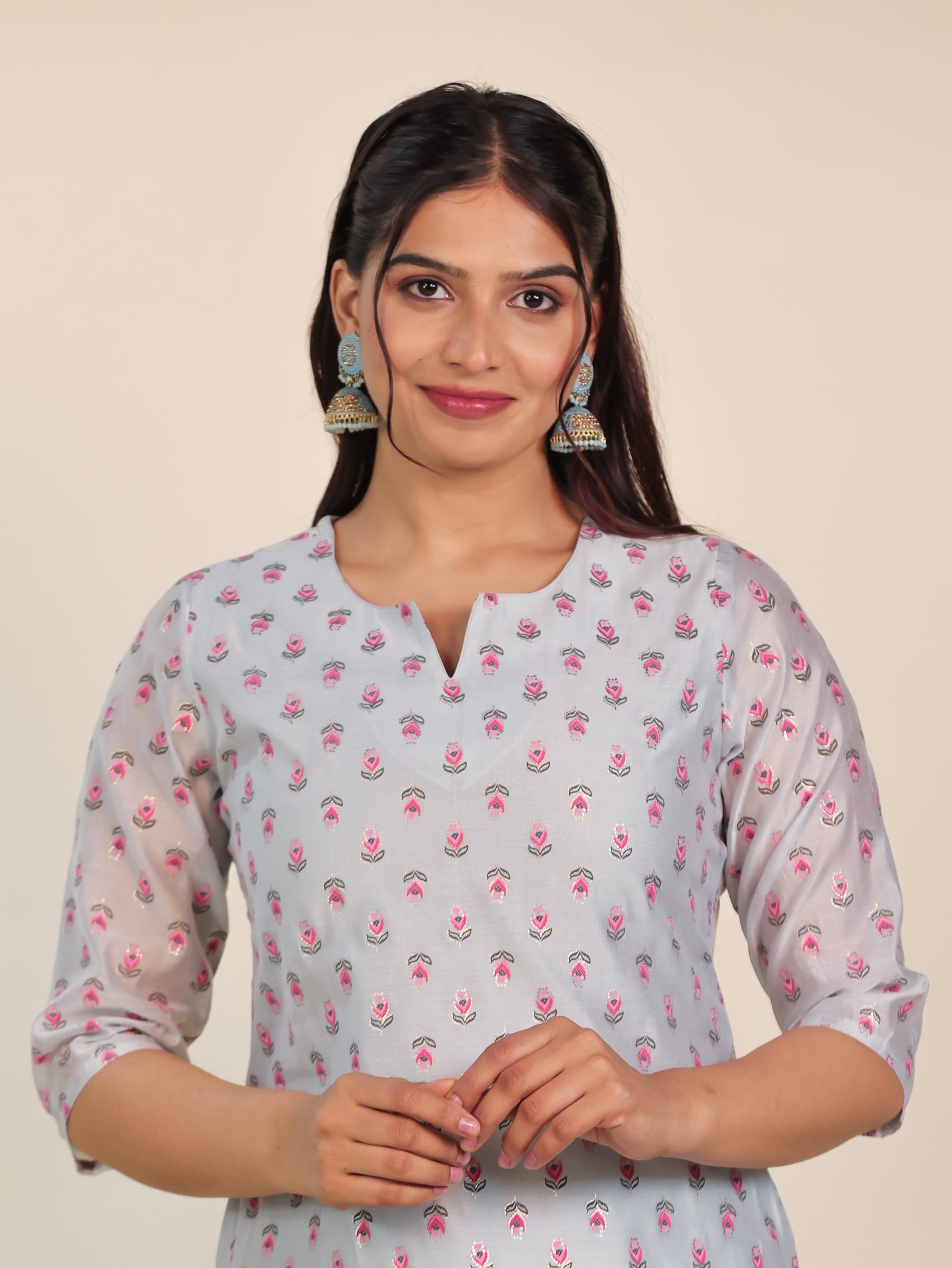Chanderi Floral Straight Blue Kurta