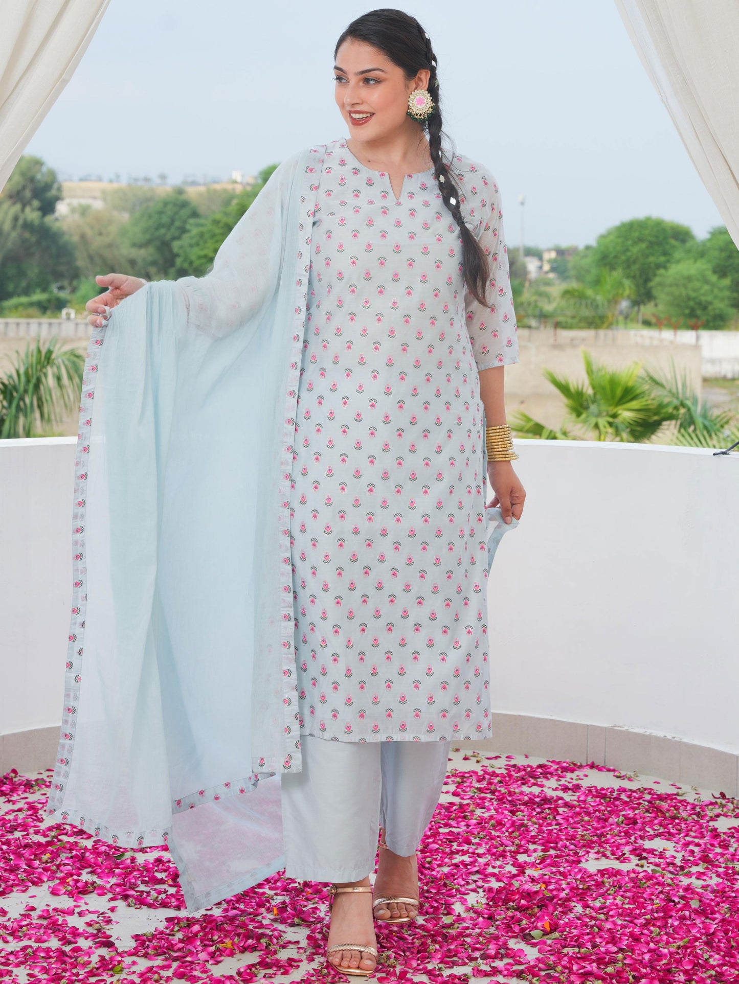 Chanderi Floral Straight Blue Kurta