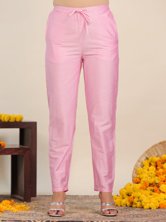 Chanderi Solid Baby Pink Straight Straight Trousers