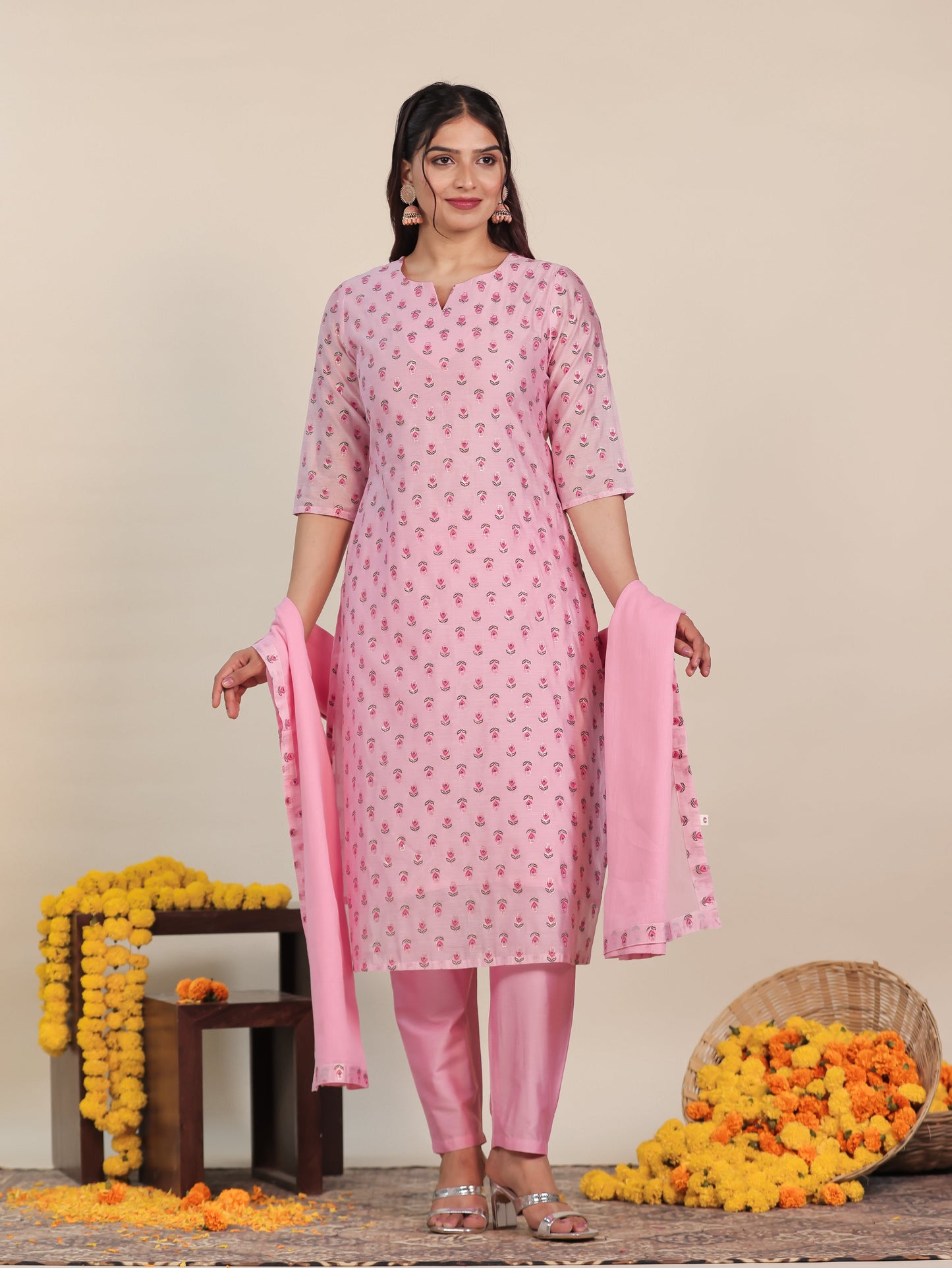 Chanderi Floral Straight Baby Pink Kurta