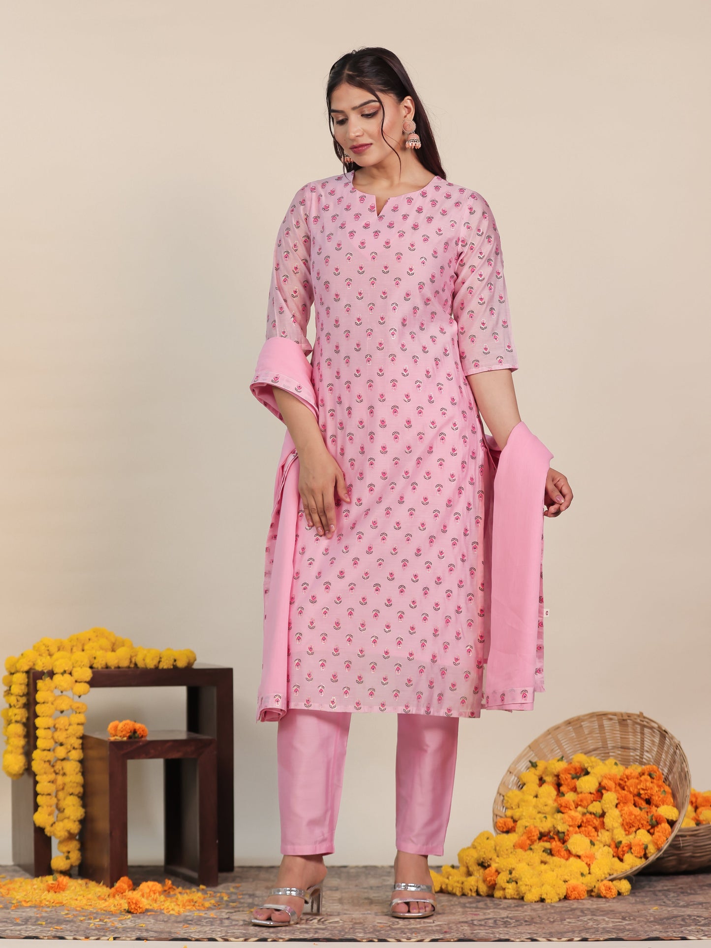 Chanderi Floral Straight Baby Pink Kurta