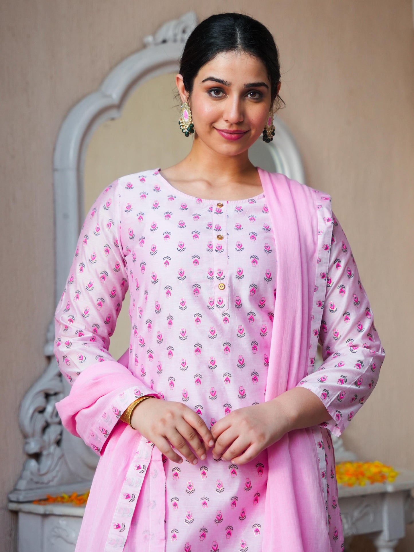 Chanderi Floral Straight Baby Pink Kurta