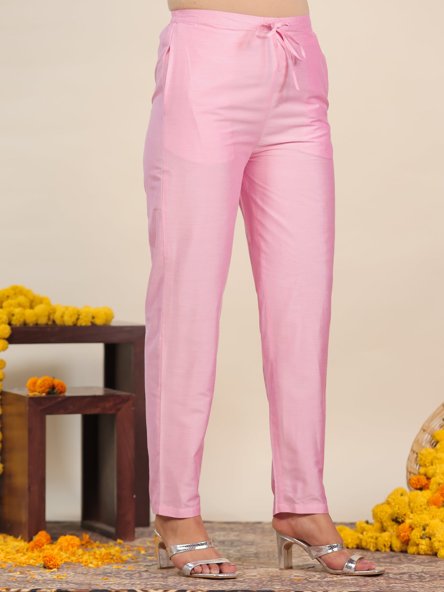 Chanderi Floral Straight Baby Pink Kurta
