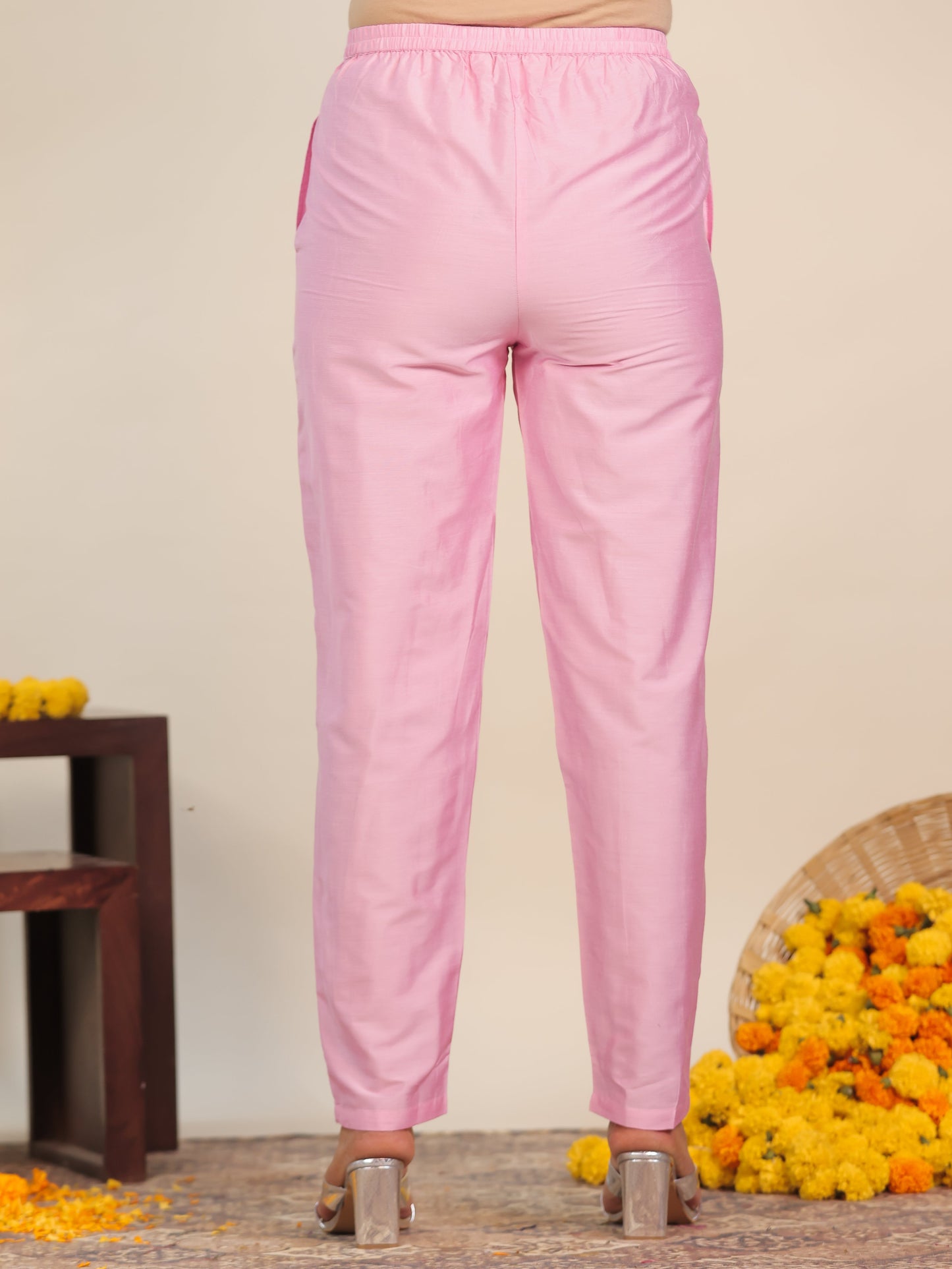 Chanderi Floral Straight Baby Pink Kurta