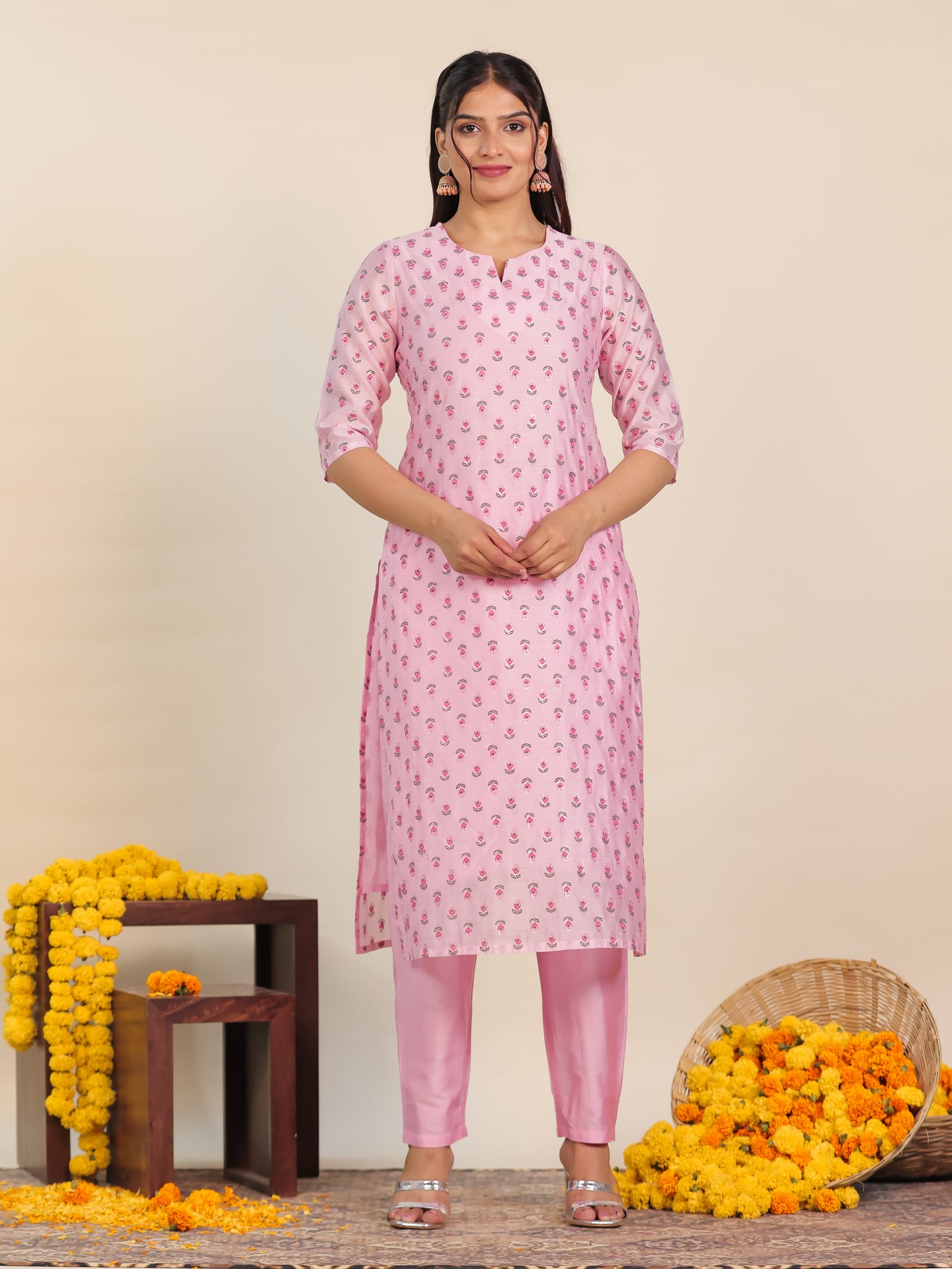 Chanderi Floral Straight Baby Pink Kurta