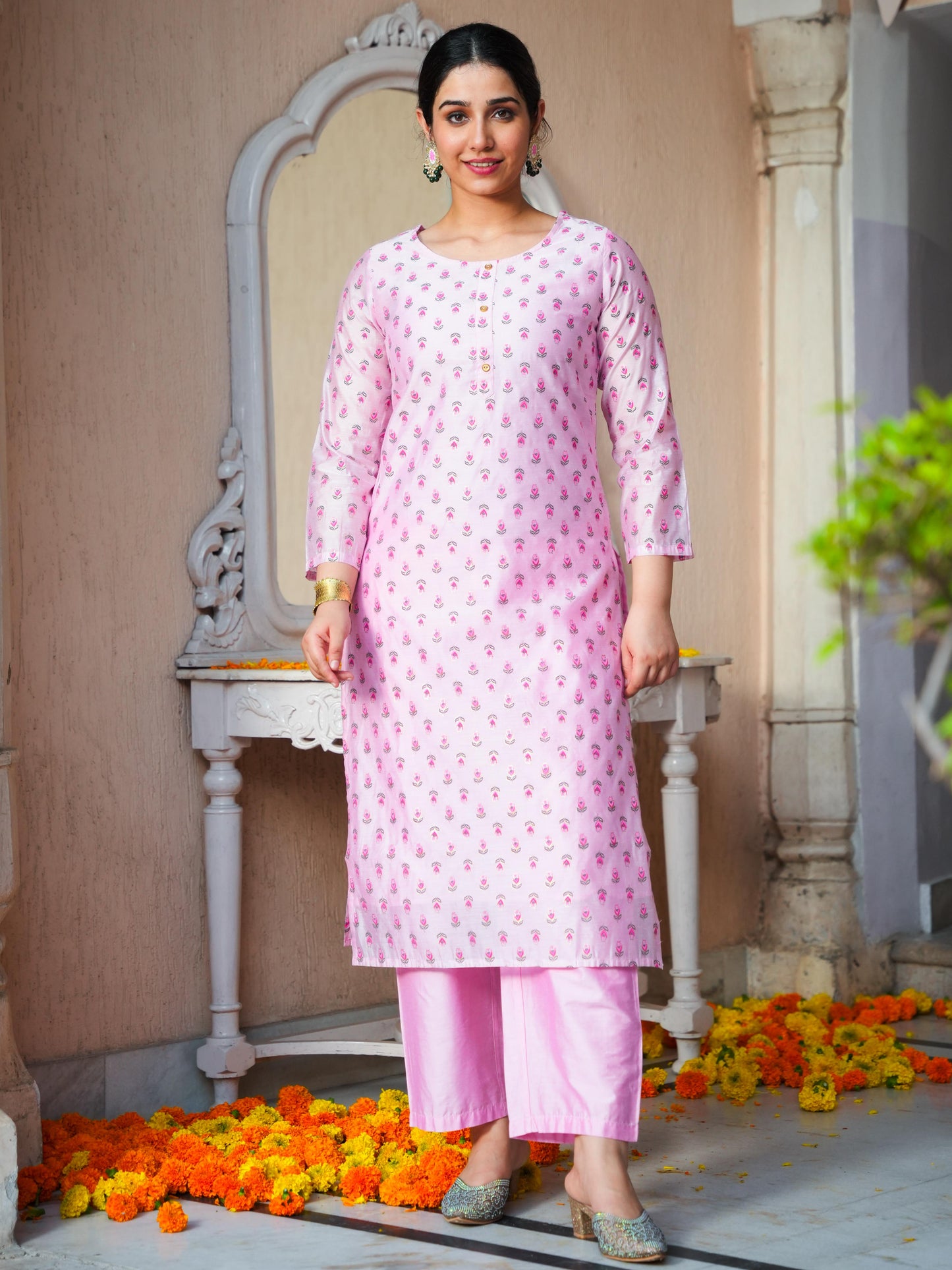 Chanderi Floral Straight Baby Pink Kurta