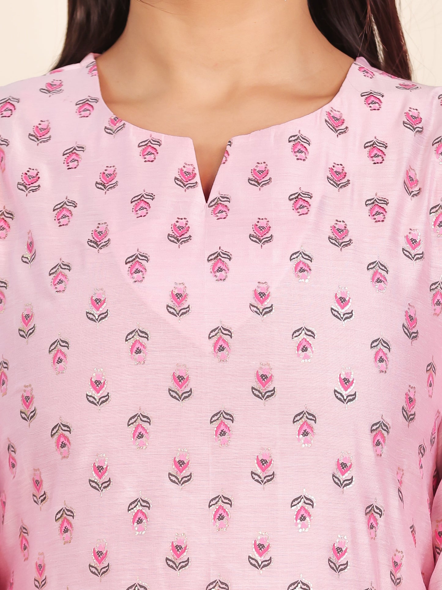 Chanderi Floral Straight Baby Pink Kurta