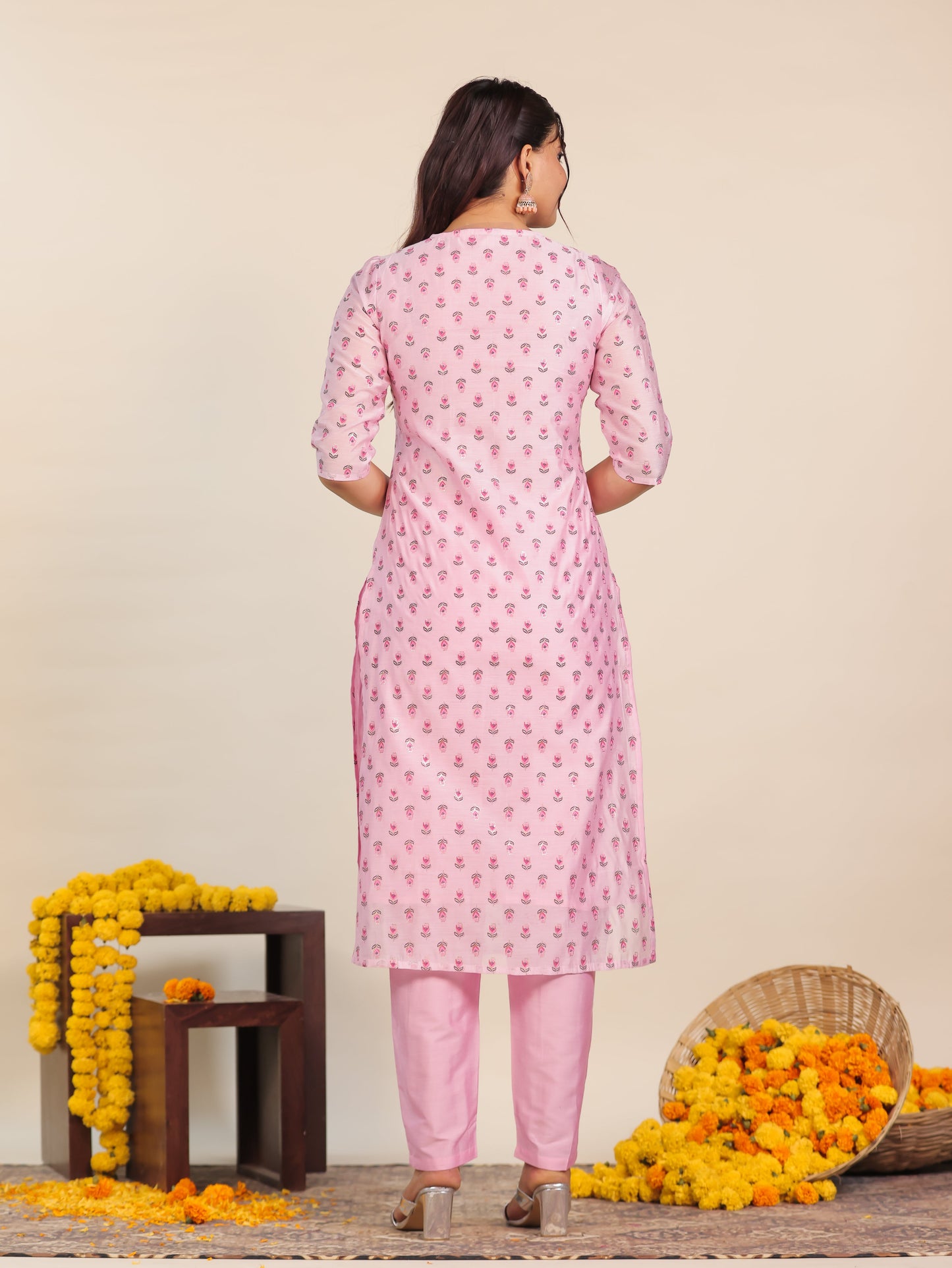 Chanderi Floral Straight Baby Pink Kurta