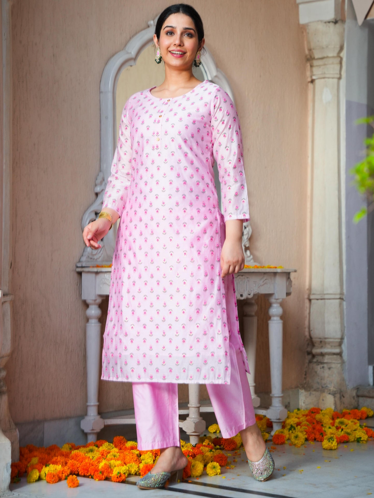 Chanderi Floral Straight Baby Pink Kurta