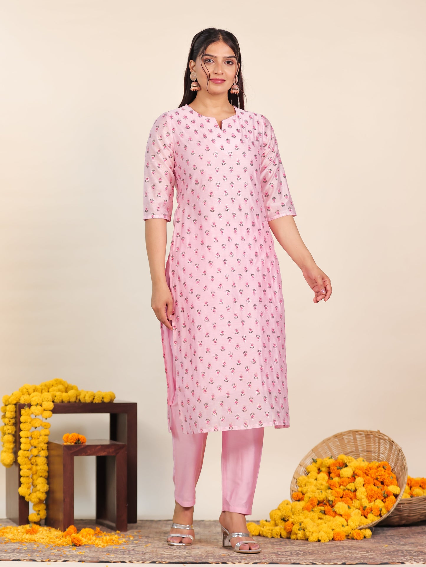 Chanderi Floral Straight Baby Pink Kurta