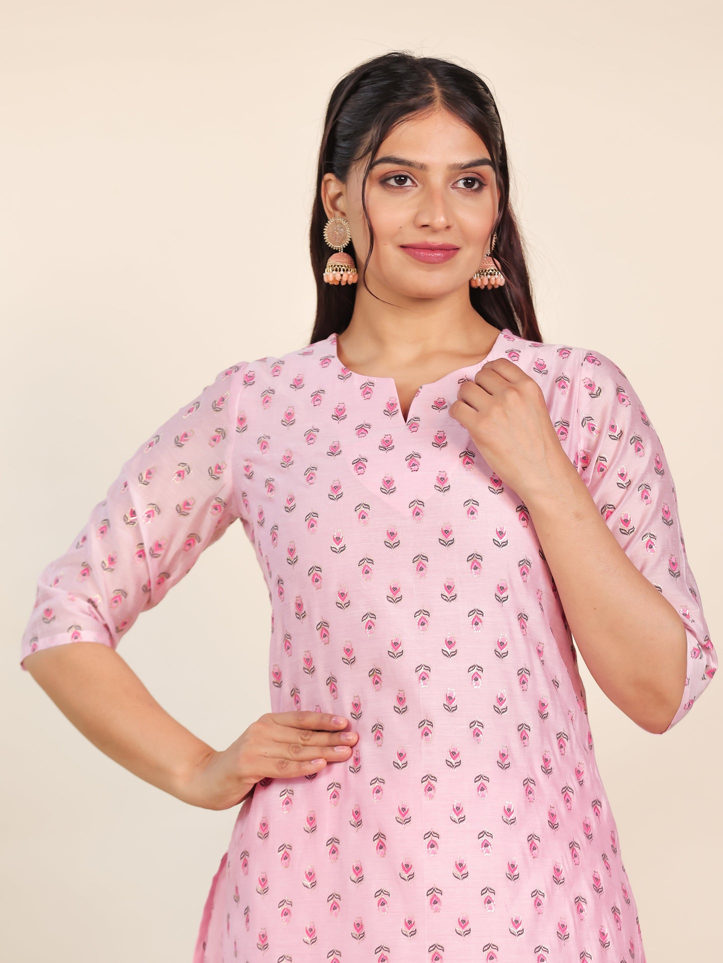 Chanderi Floral Straight Baby Pink Kurta