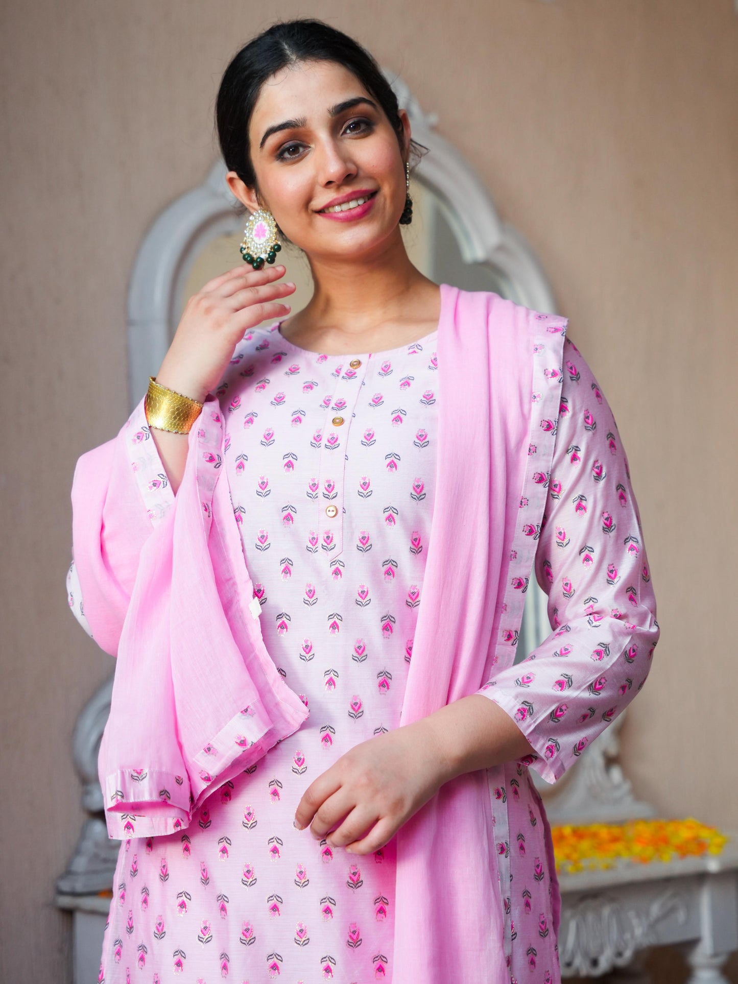 Chanderi Floral Straight Baby Pink Kurta