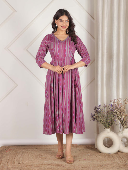 Embroidered Viscose Striped Angrakha Purple Dress